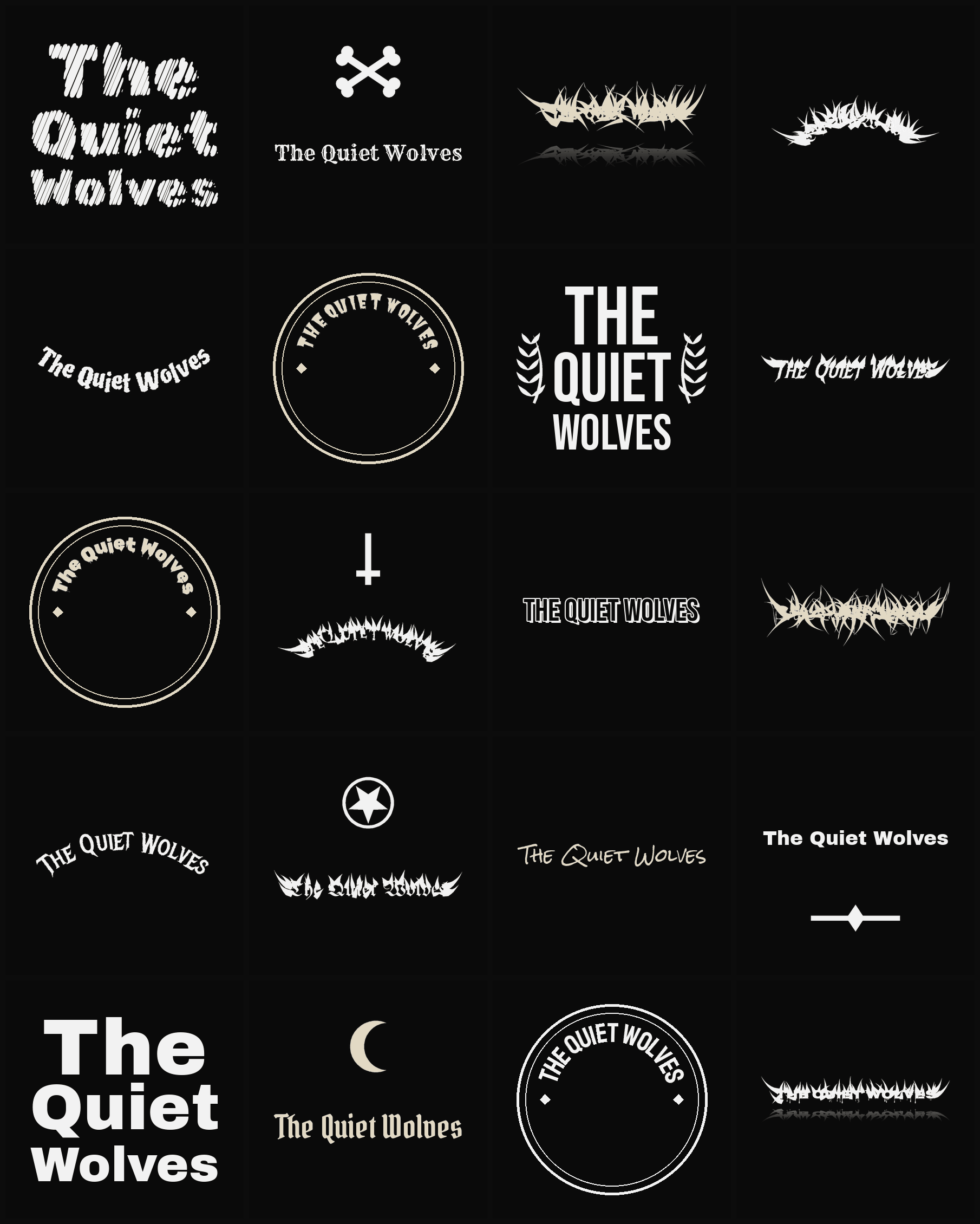 Twenty The Quiet Wolves band logo ideas — different faces, treatments and spike settings