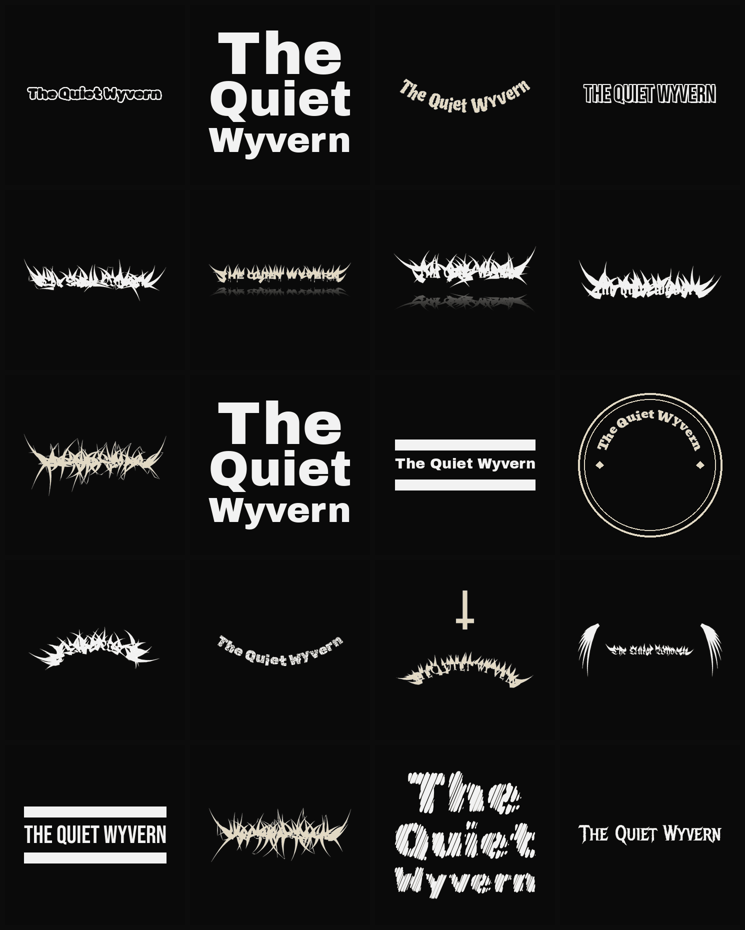 Twenty The Quiet Wyvern band logo ideas — different faces, treatments and spike settings