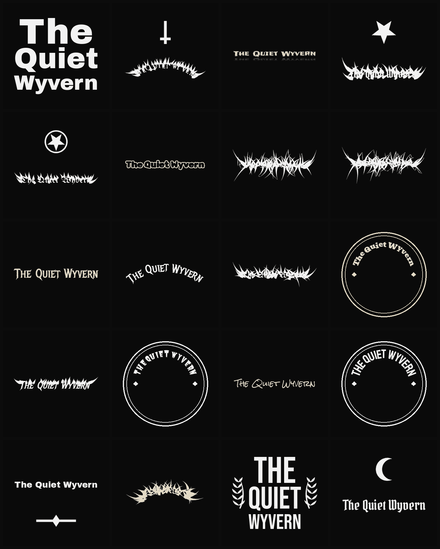 Twenty The Quiet Wyvern band logo ideas — different faces, treatments and spike settings