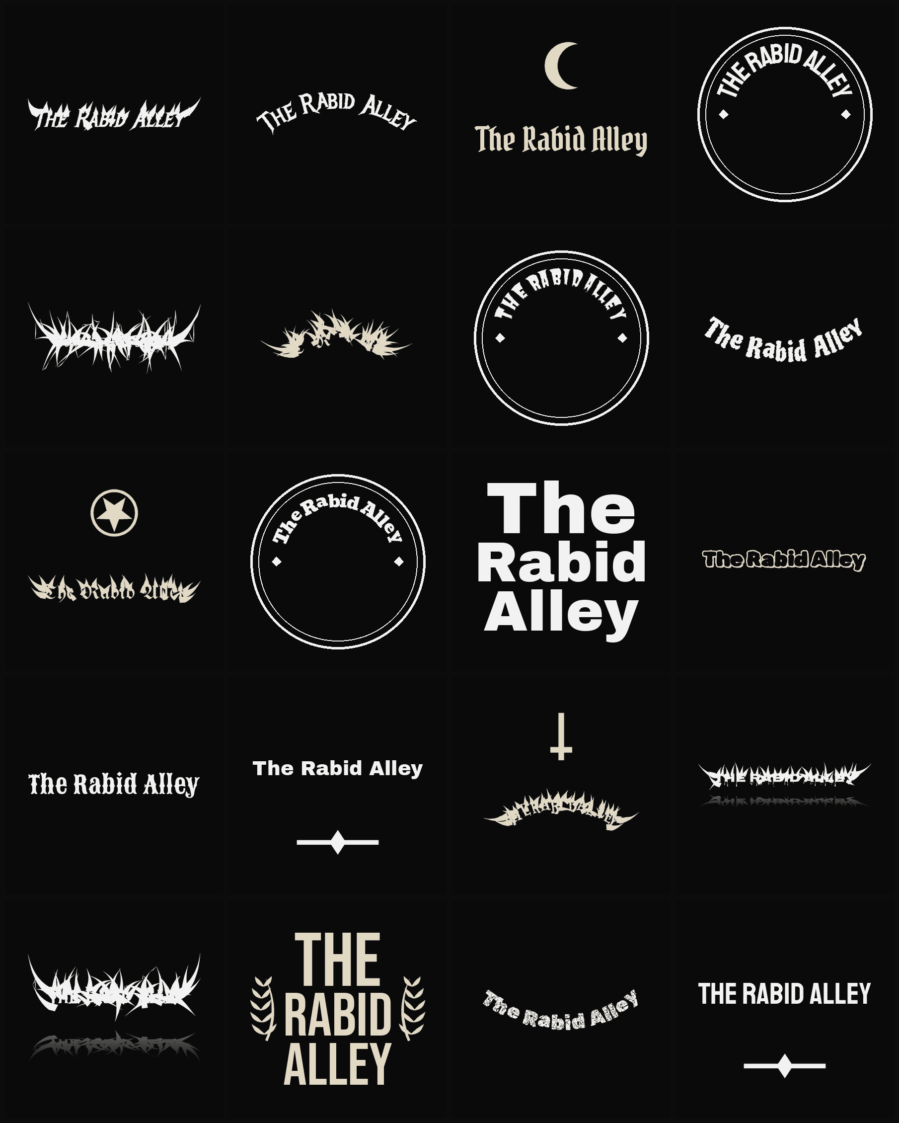 Twenty The Rabid Alley band logo ideas — different faces, treatments and spike settings