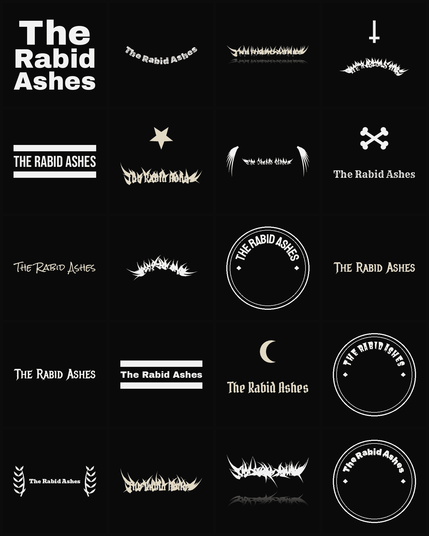 Twenty The Rabid Ashes band logo ideas — different faces, treatments and spike settings