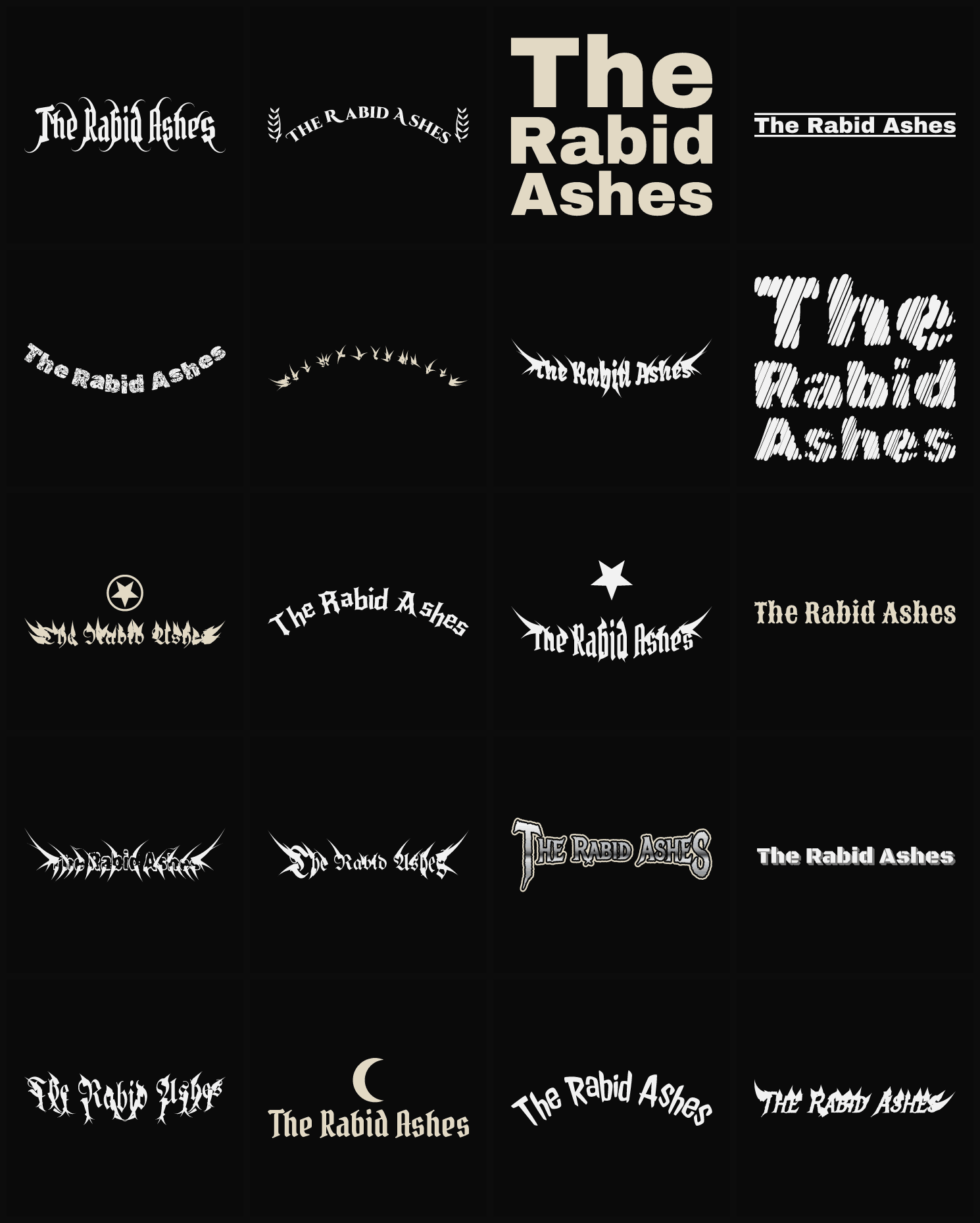 Twenty The Rabid Ashes band logo ideas — different faces, treatments and spike settings