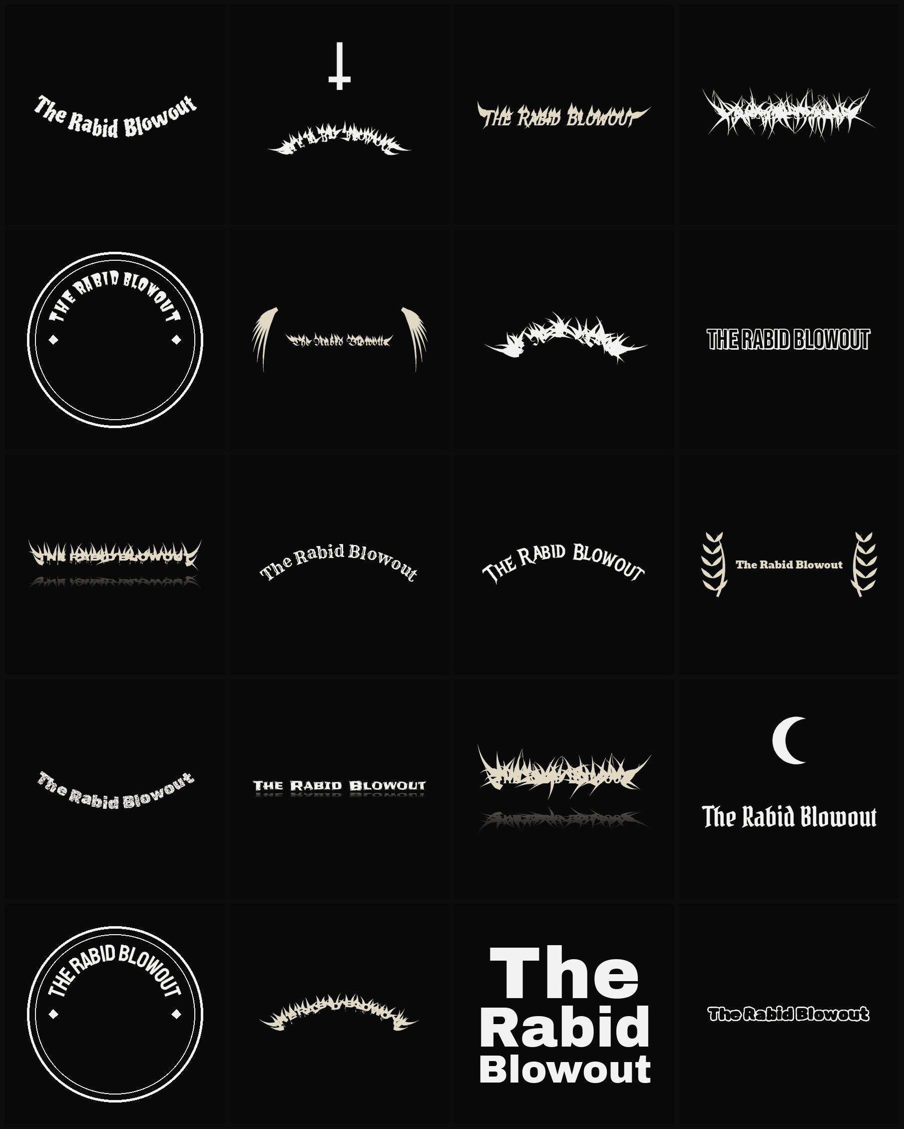 Twenty The Rabid Blowout band logo ideas — different faces, treatments and spike settings