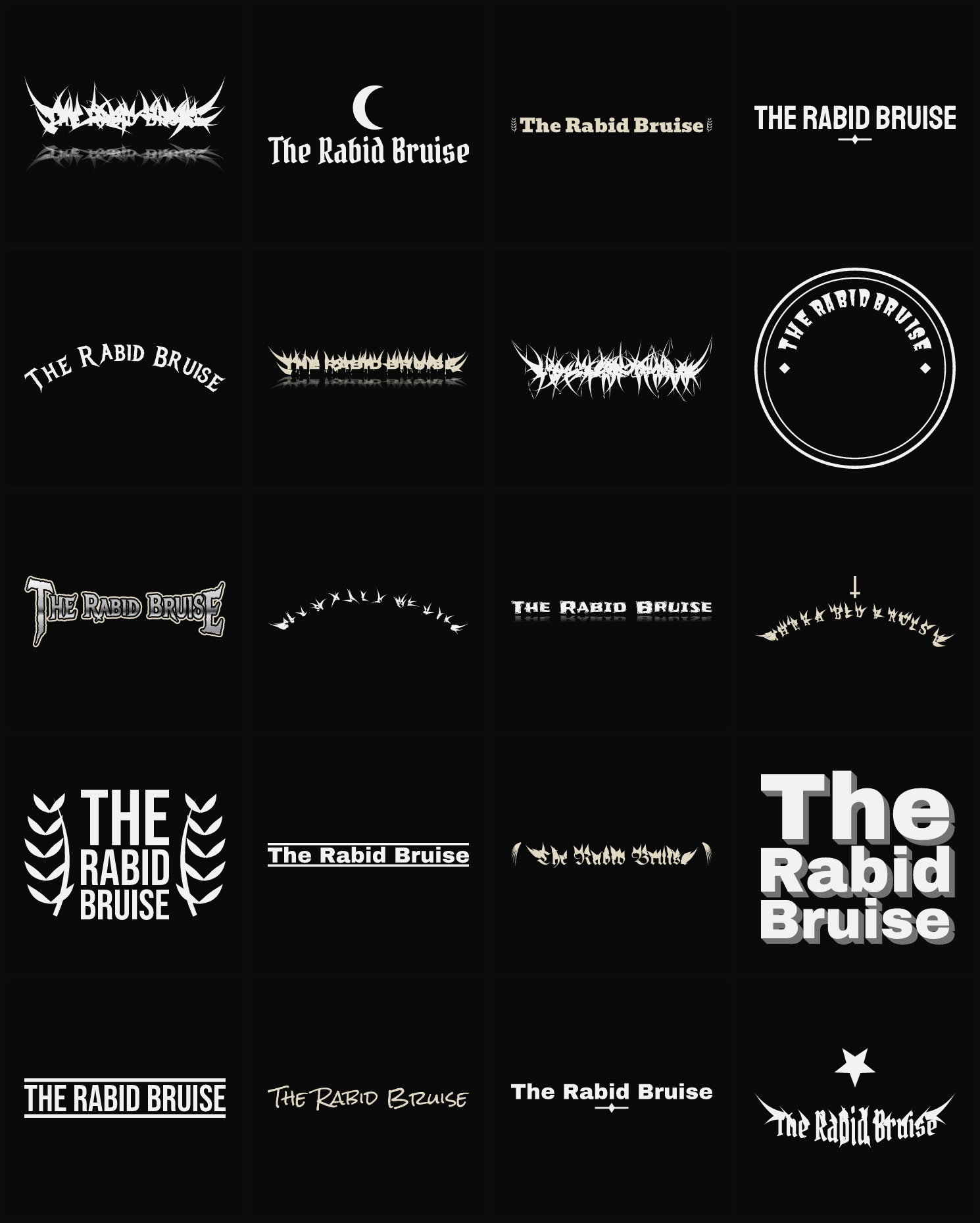 Twenty The Rabid Bruise band logo ideas — different faces, treatments and spike settings