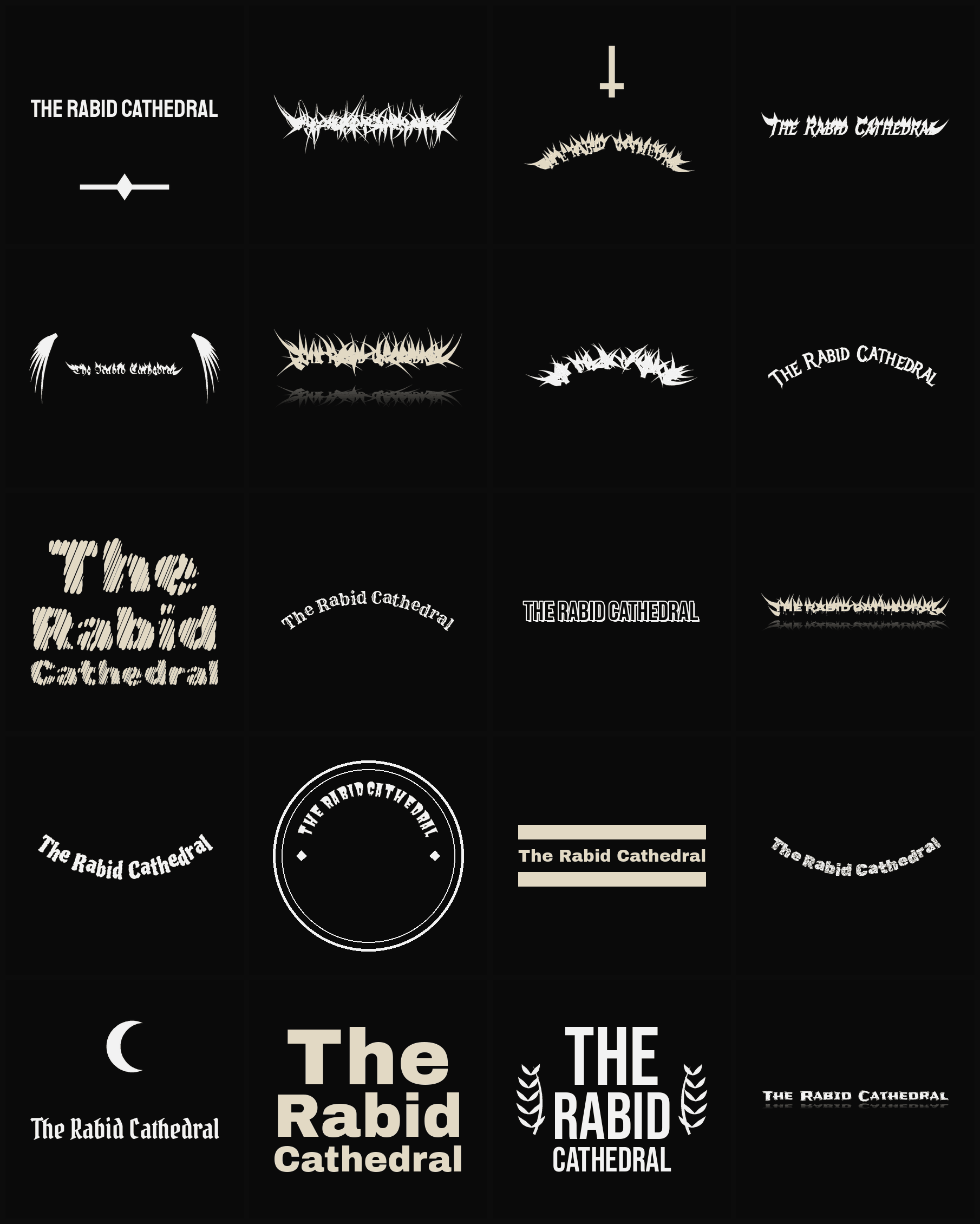 Twenty The Rabid Cathedral band logo ideas — different faces, treatments and spike settings