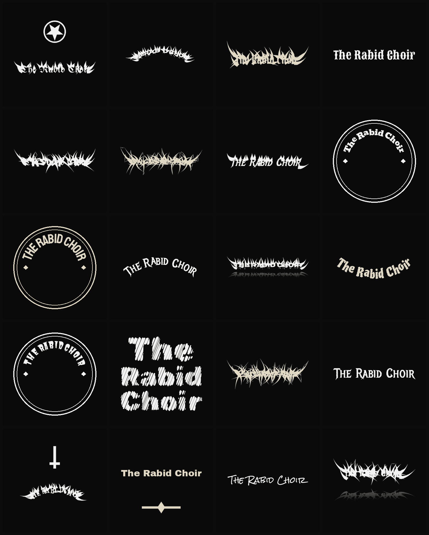 Twenty The Rabid Choir band logo ideas — different faces, treatments and spike settings