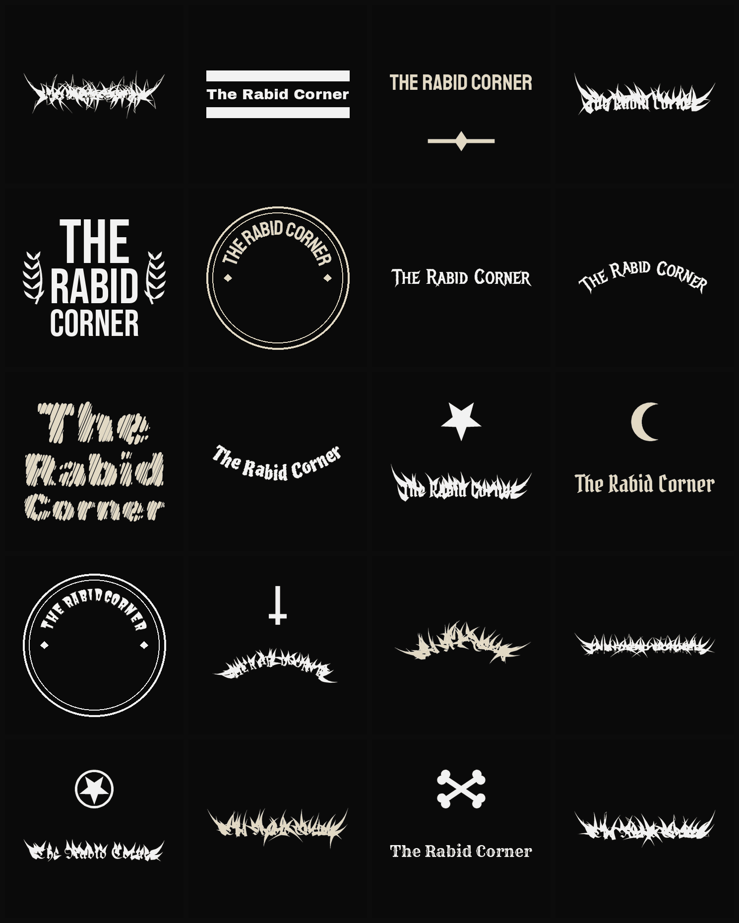 Twenty The Rabid Corner band logo ideas — different faces, treatments and spike settings