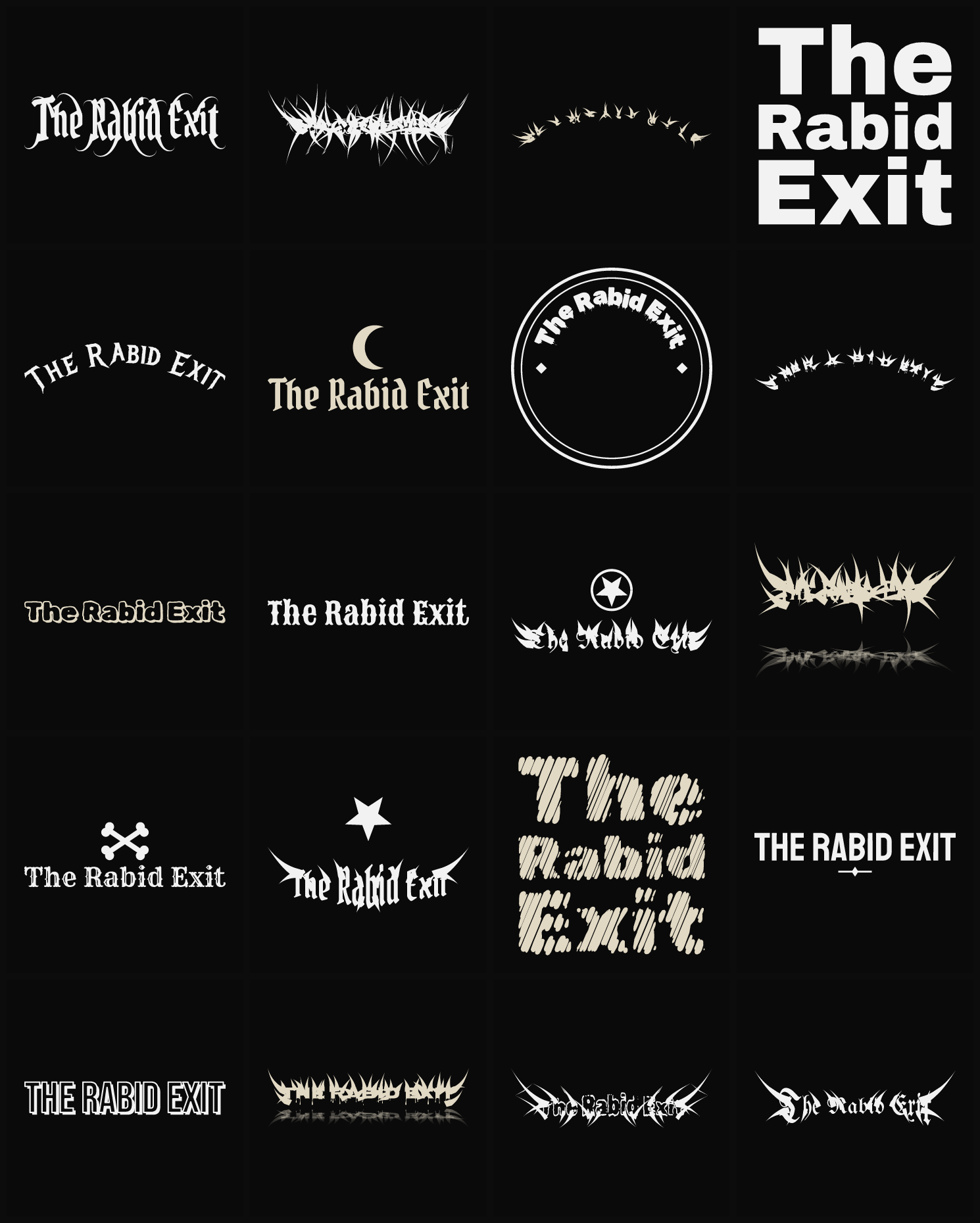 Twenty The Rabid Exit band logo ideas — different faces, treatments and spike settings