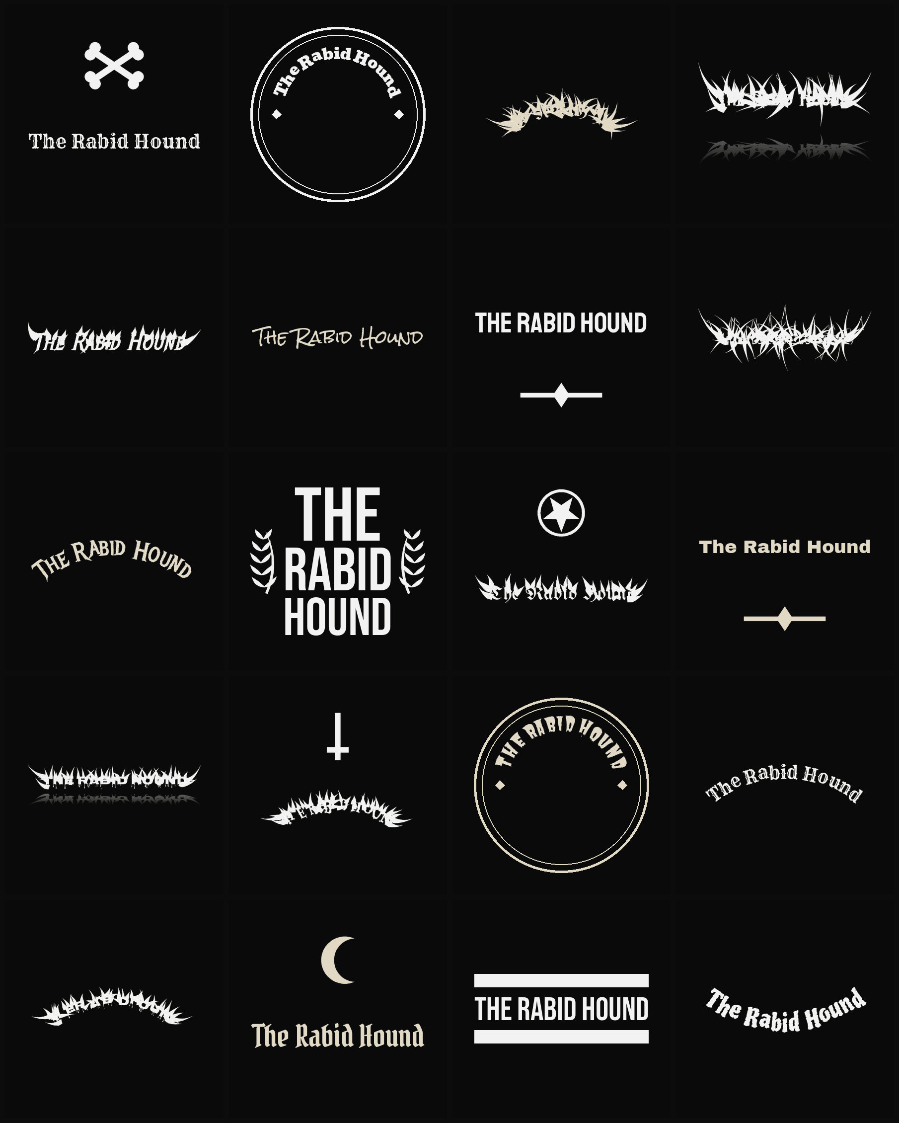 Twenty The Rabid Hound band logo ideas — different faces, treatments and spike settings