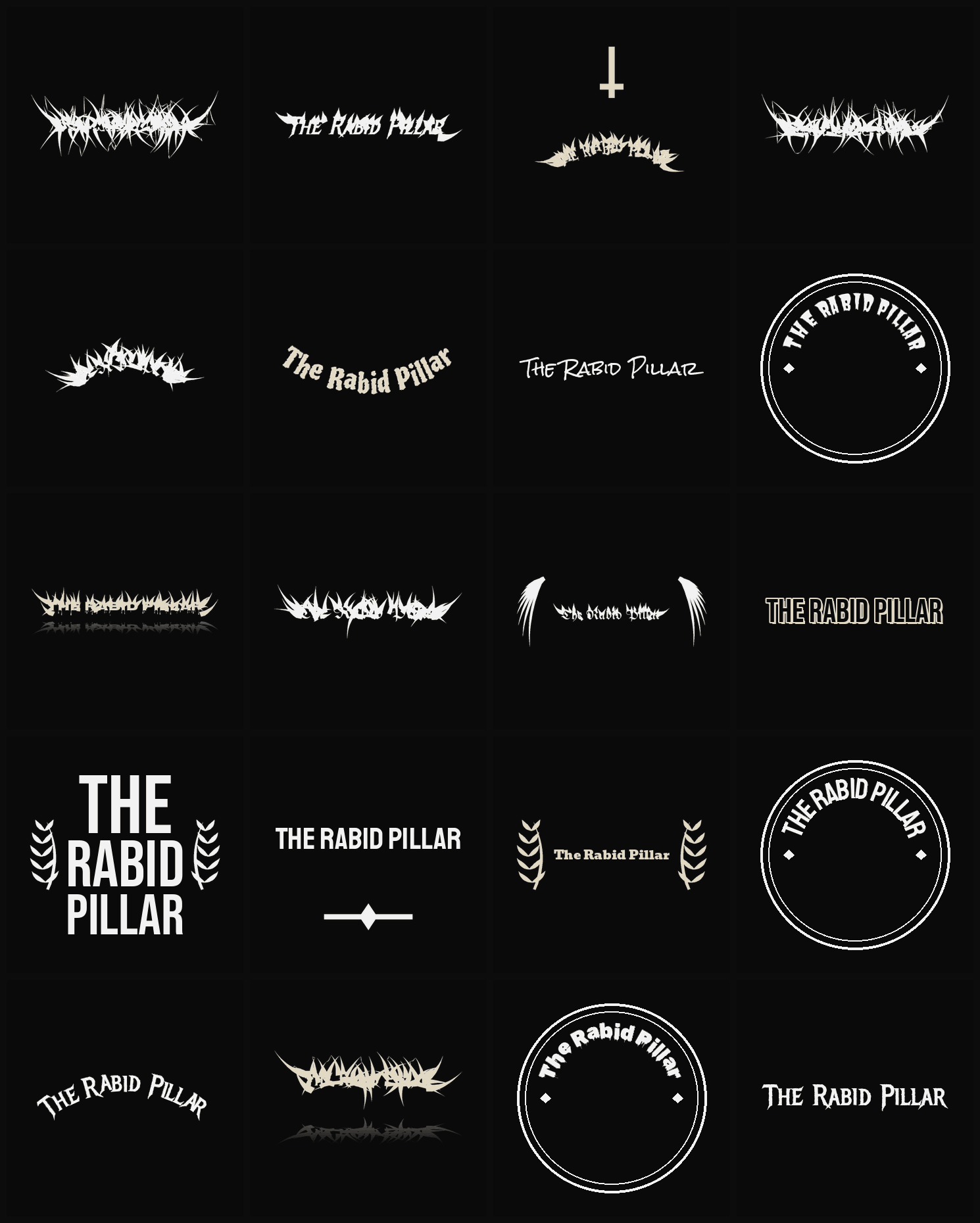 Twenty The Rabid Pillar band logo ideas — different faces, treatments and spike settings
