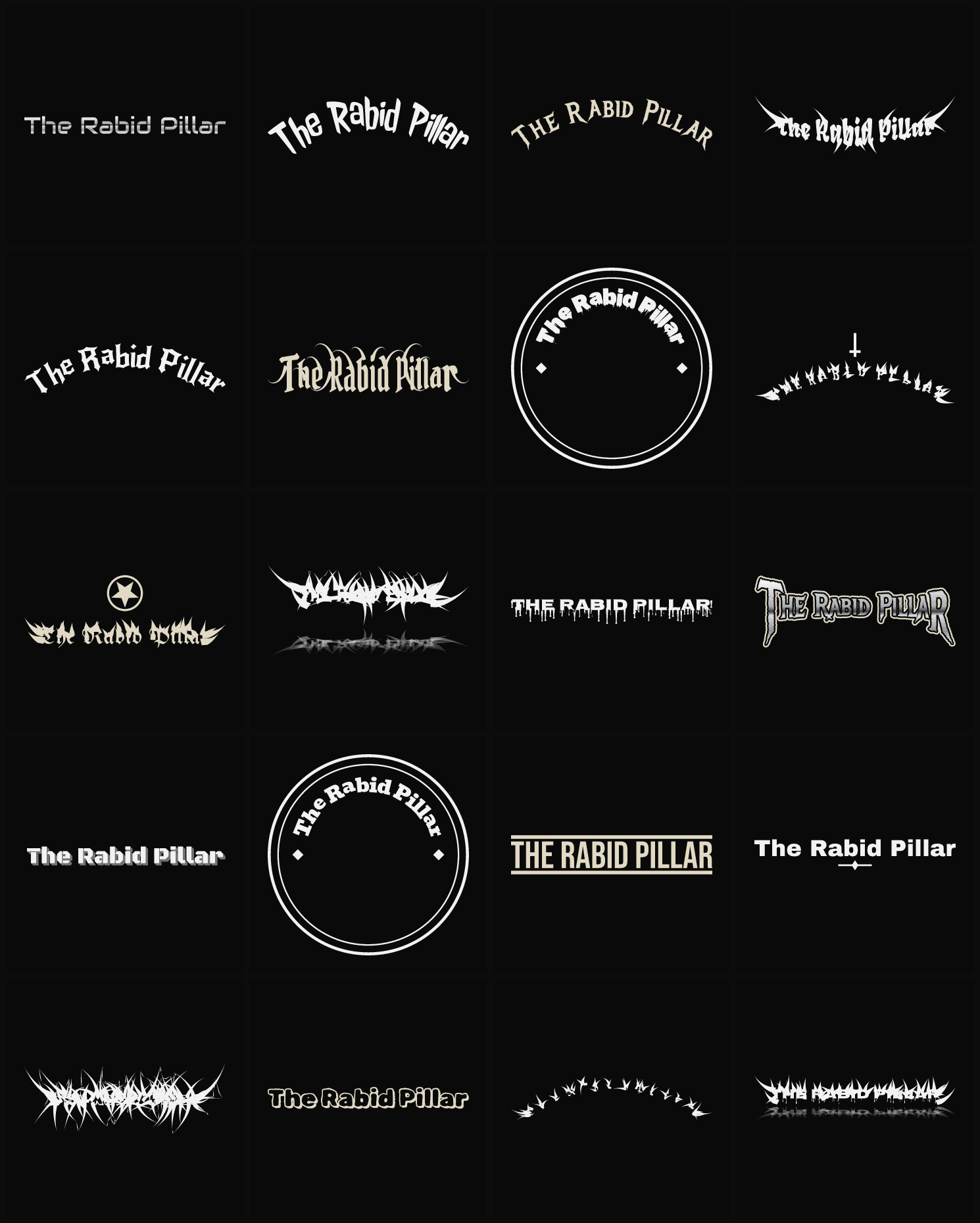 Twenty The Rabid Pillar band logo ideas — different faces, treatments and spike settings