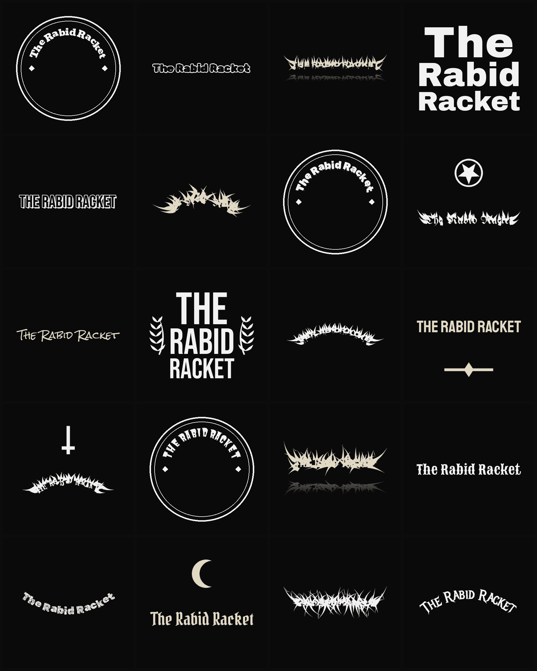 Twenty The Rabid Racket band logo ideas — different faces, treatments and spike settings