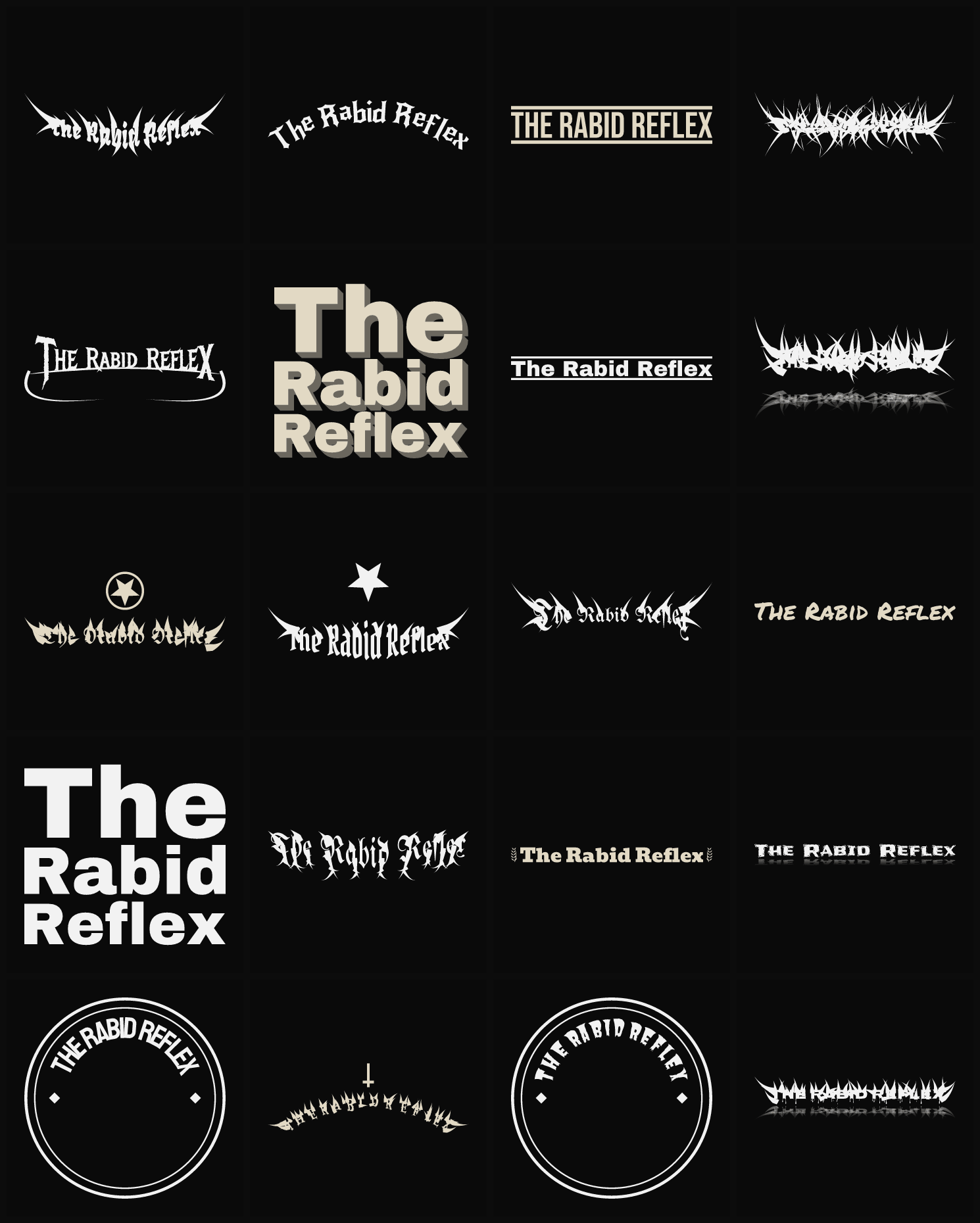 Twenty The Rabid Reflex band logo ideas — different faces, treatments and spike settings