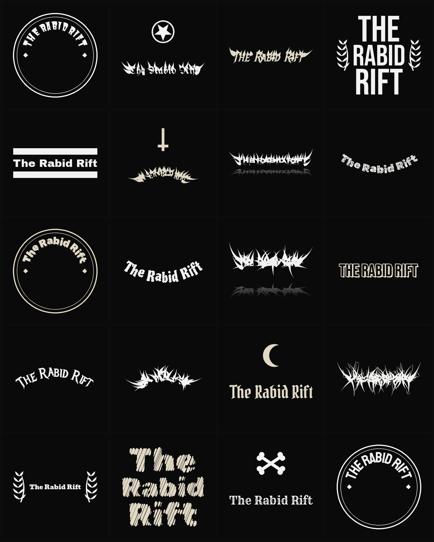 Twenty The Rabid Rift band logo ideas — different faces, treatments and spike settings