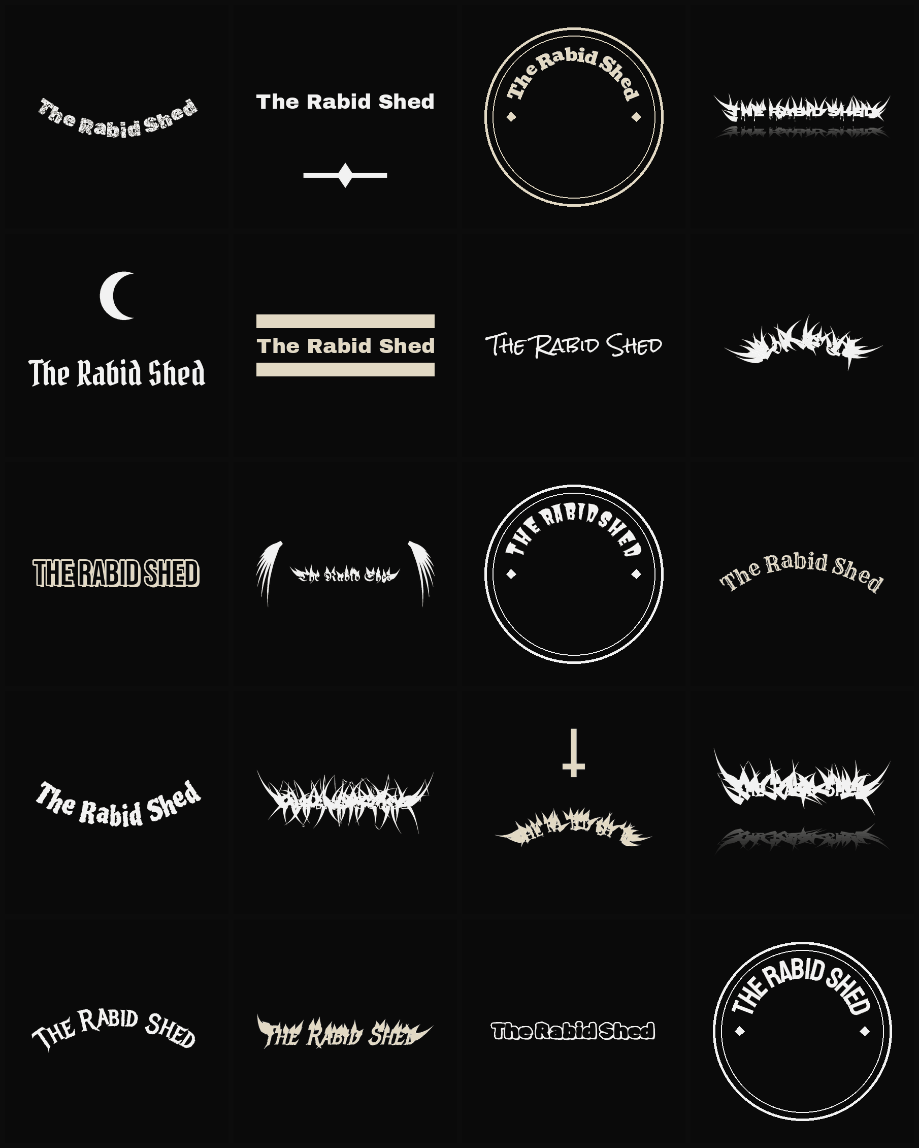 Twenty The Rabid Shed band logo ideas — different faces, treatments and spike settings