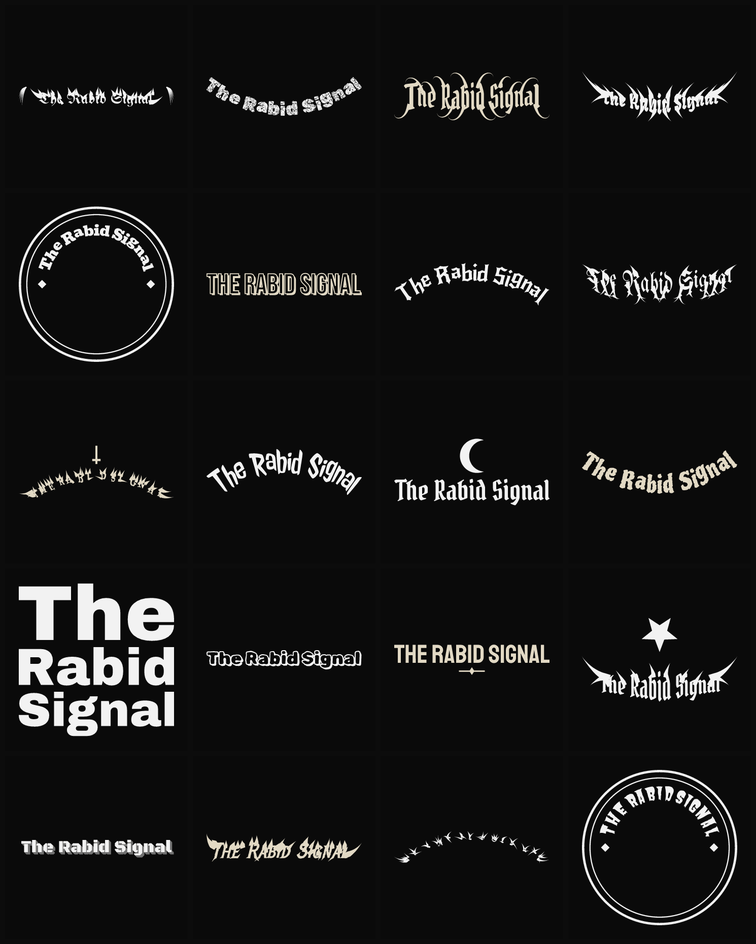 Twenty The Rabid Signal band logo ideas — different faces, treatments and spike settings