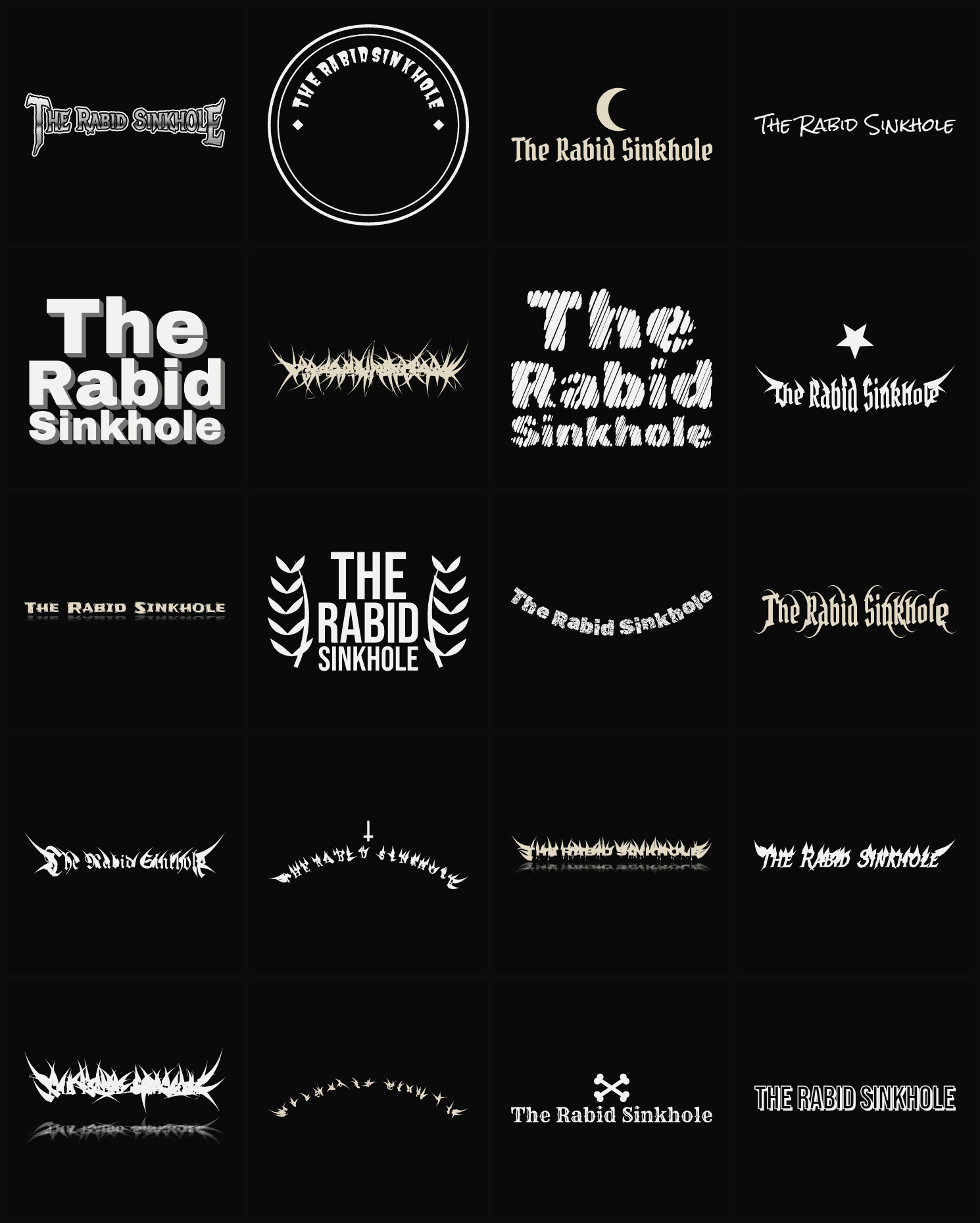 Twenty The Rabid Sinkhole band logo ideas — different faces, treatments and spike settings