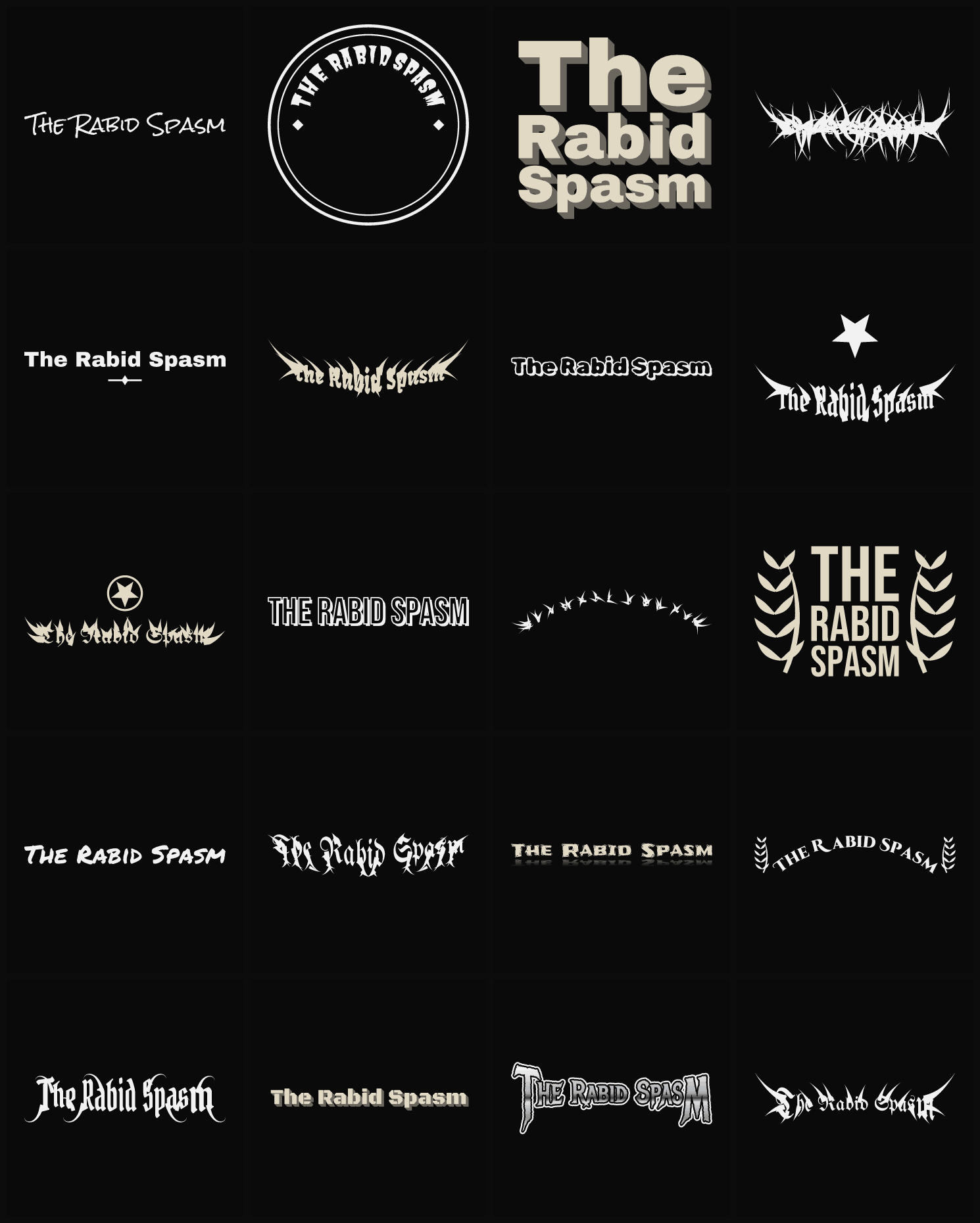 Twenty The Rabid Spasm band logo ideas — different faces, treatments and spike settings