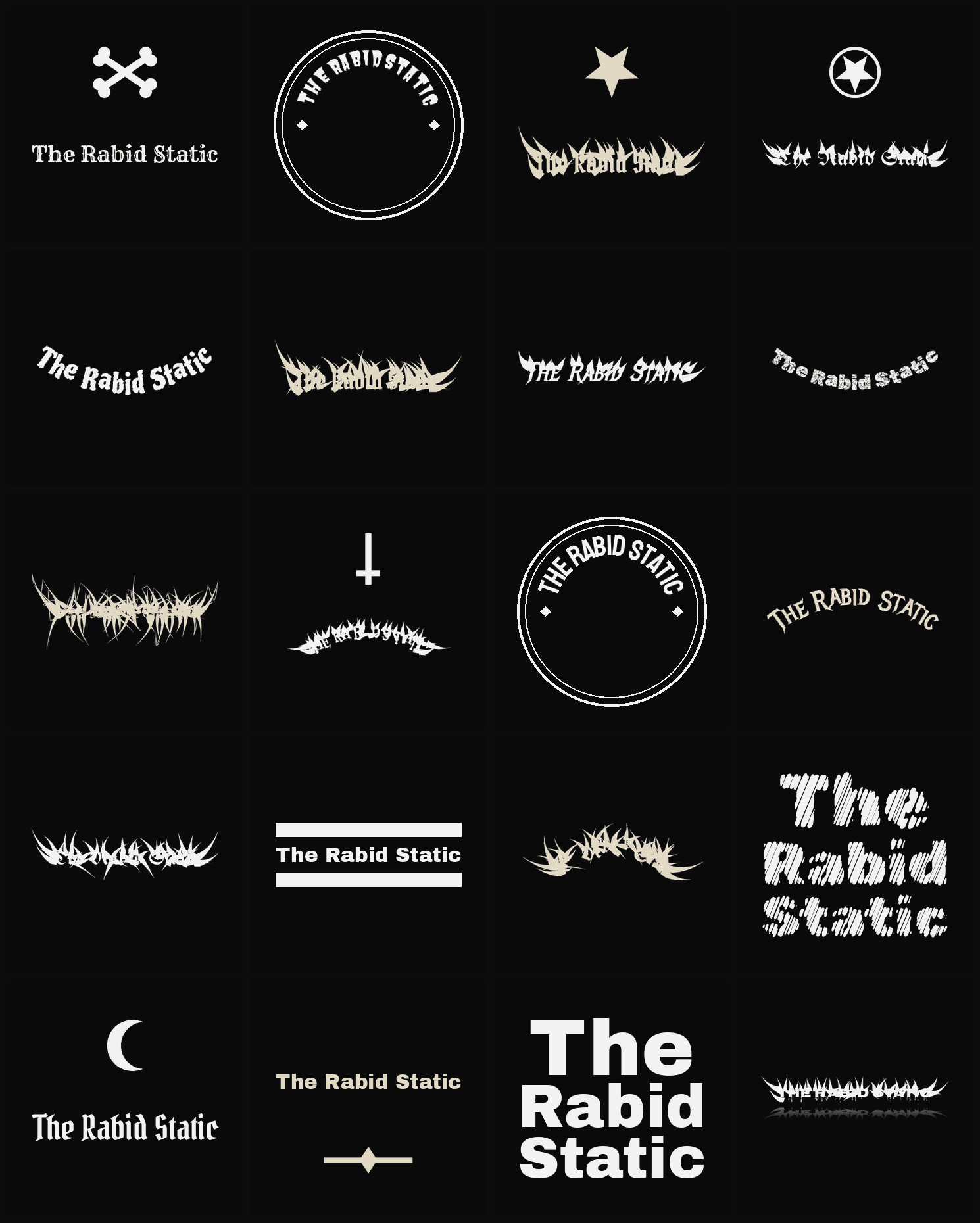 Twenty The Rabid Static band logo ideas — different faces, treatments and spike settings