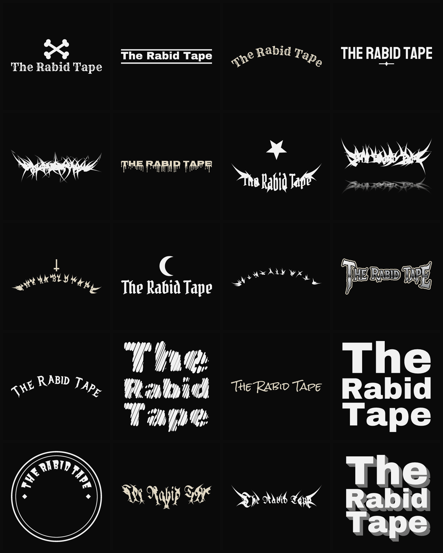 Twenty The Rabid Tape band logo ideas — different faces, treatments and spike settings