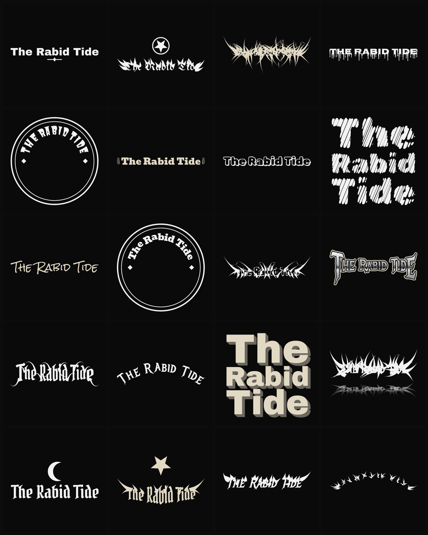 Twenty The Rabid Tide band logo ideas — different faces, treatments and spike settings