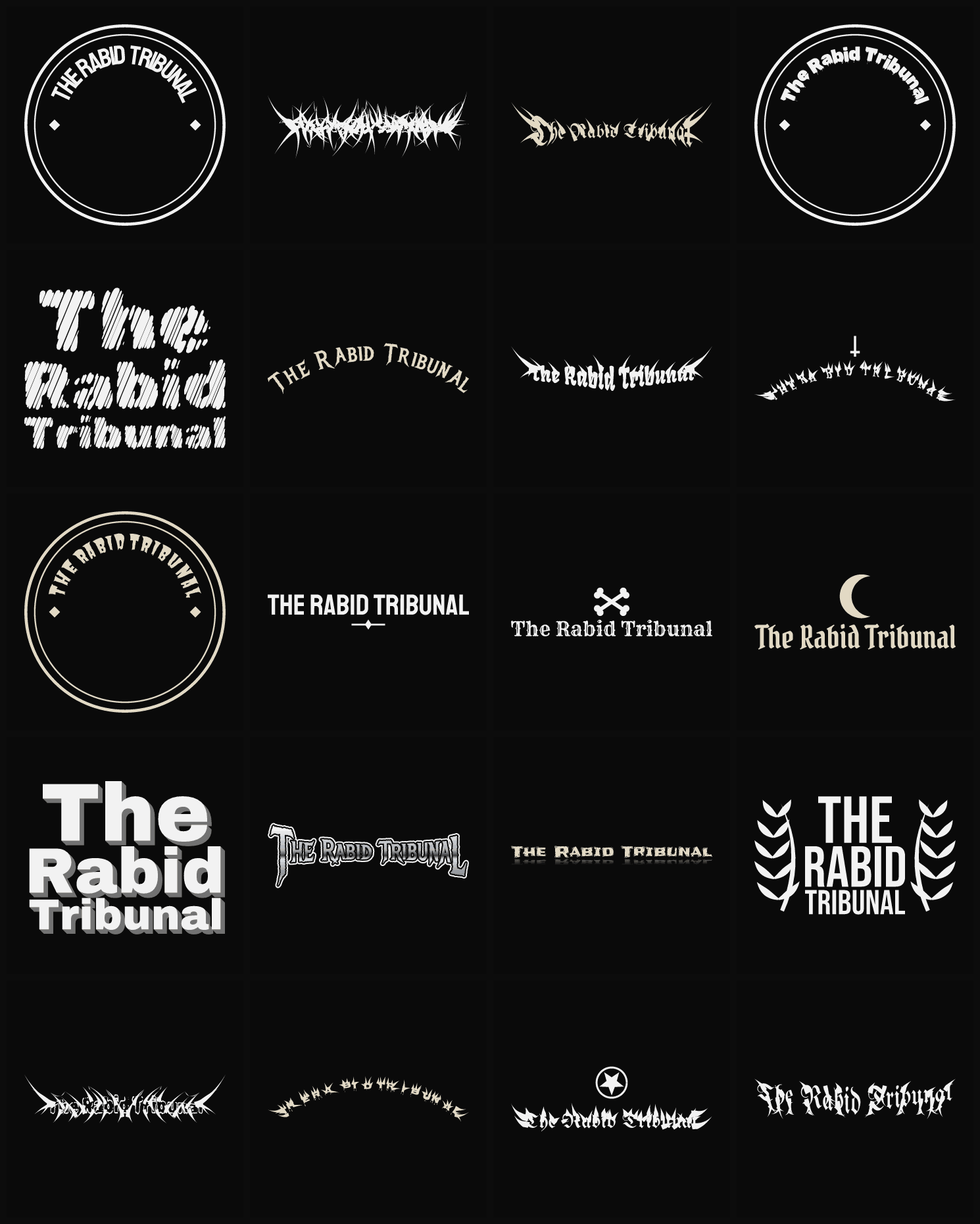 Twenty The Rabid Tribunal band logo ideas — different faces, treatments and spike settings