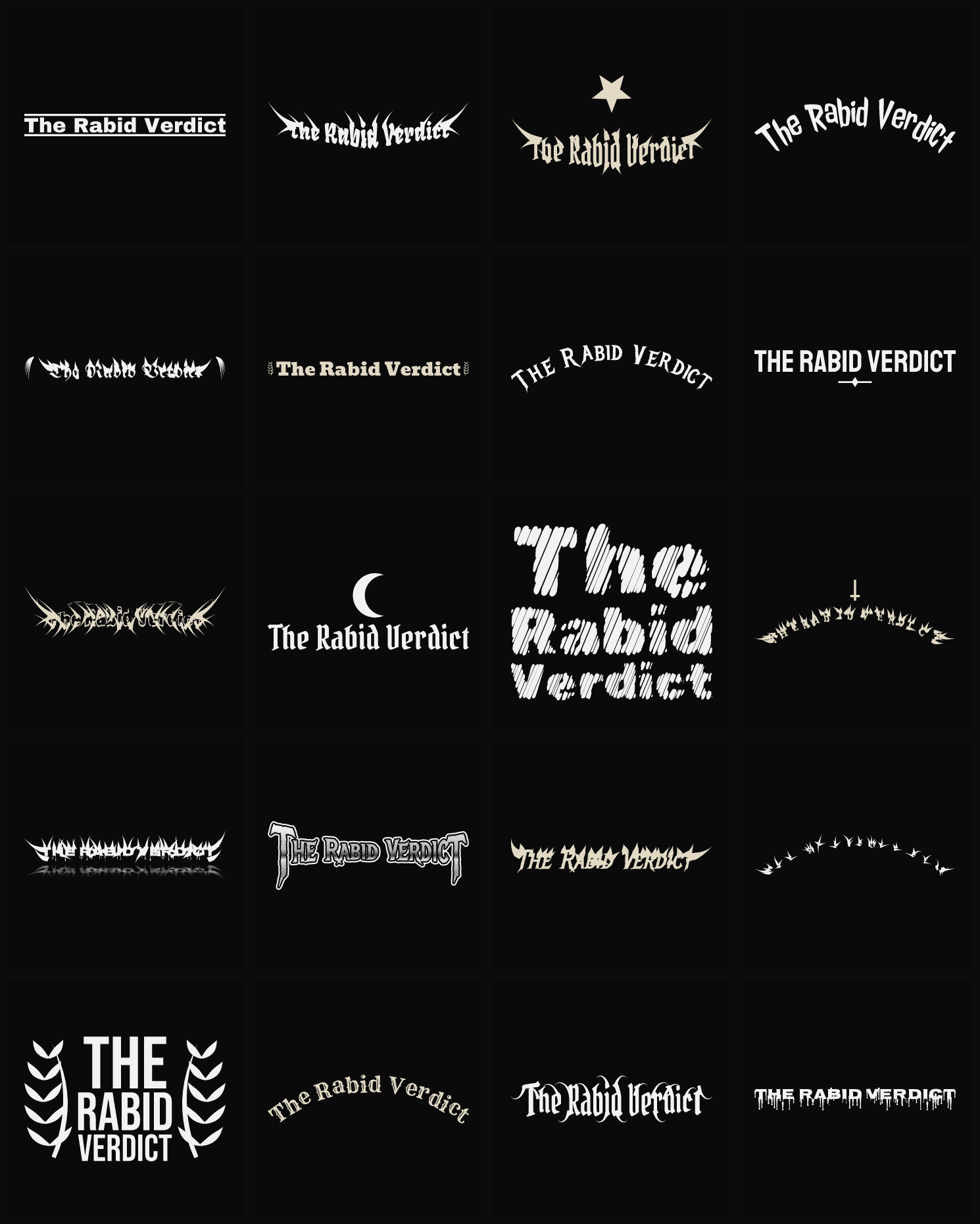 Twenty The Rabid Verdict band logo ideas — different faces, treatments and spike settings