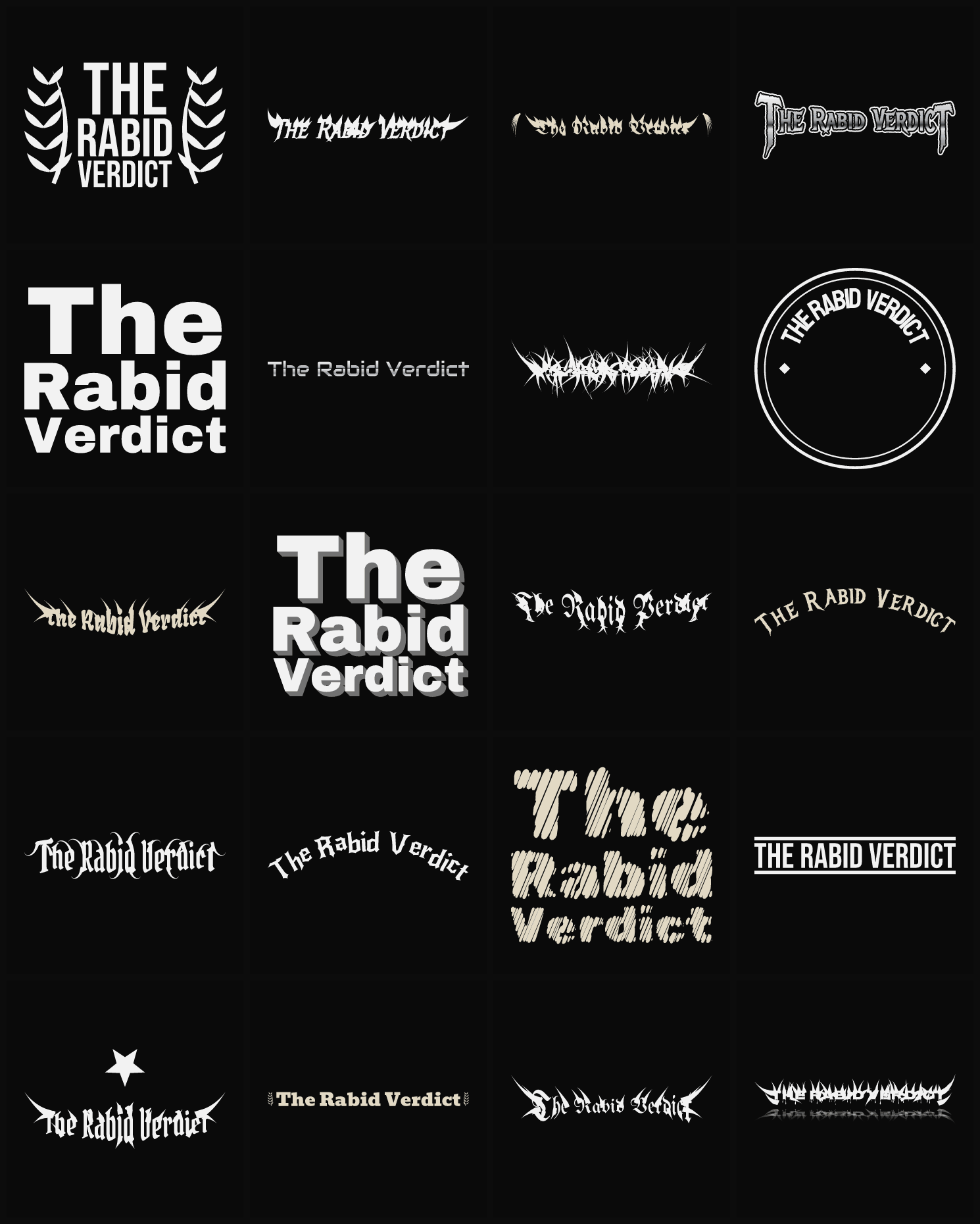 Twenty The Rabid Verdict band logo ideas — different faces, treatments and spike settings