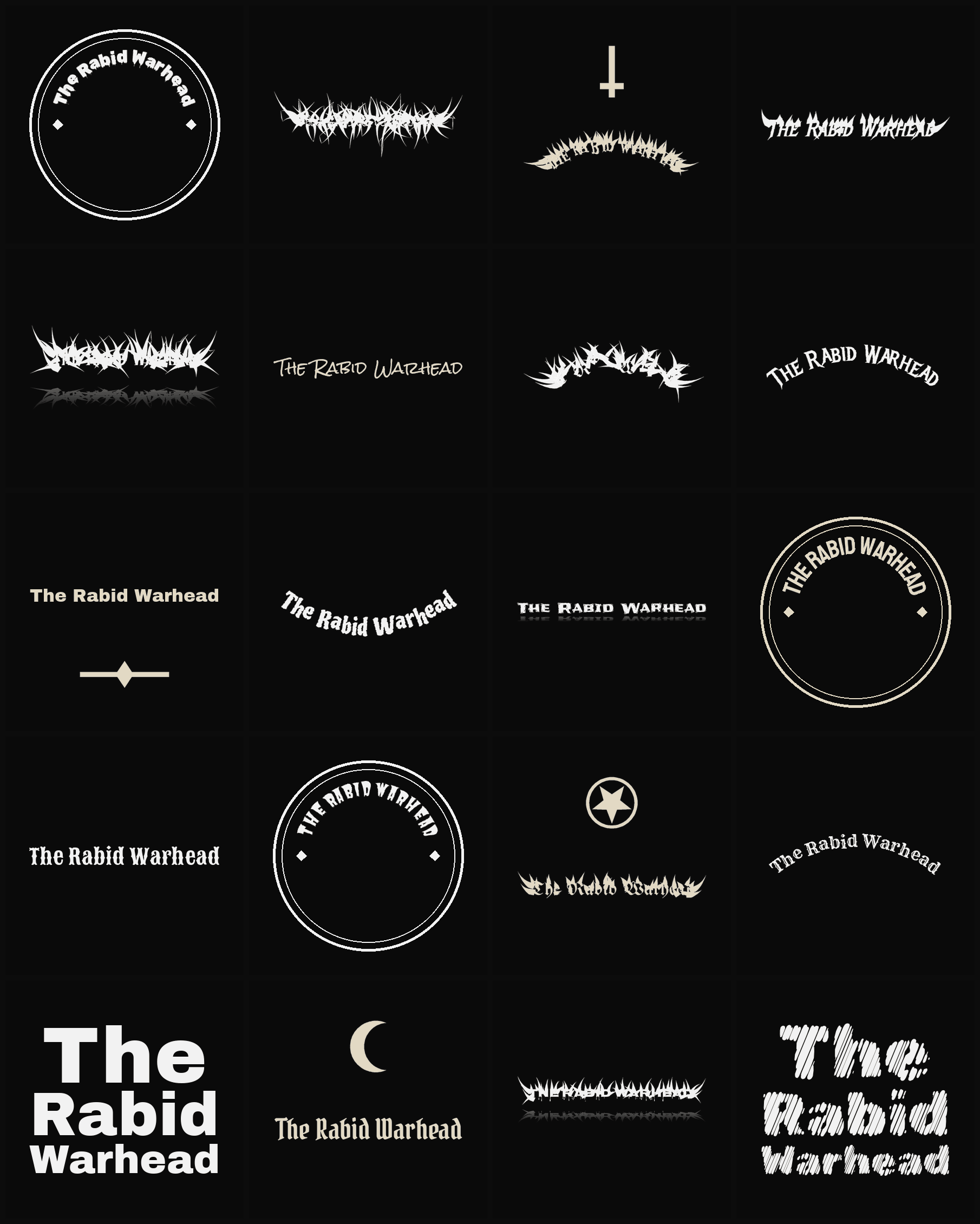 Twenty The Rabid Warhead band logo ideas — different faces, treatments and spike settings
