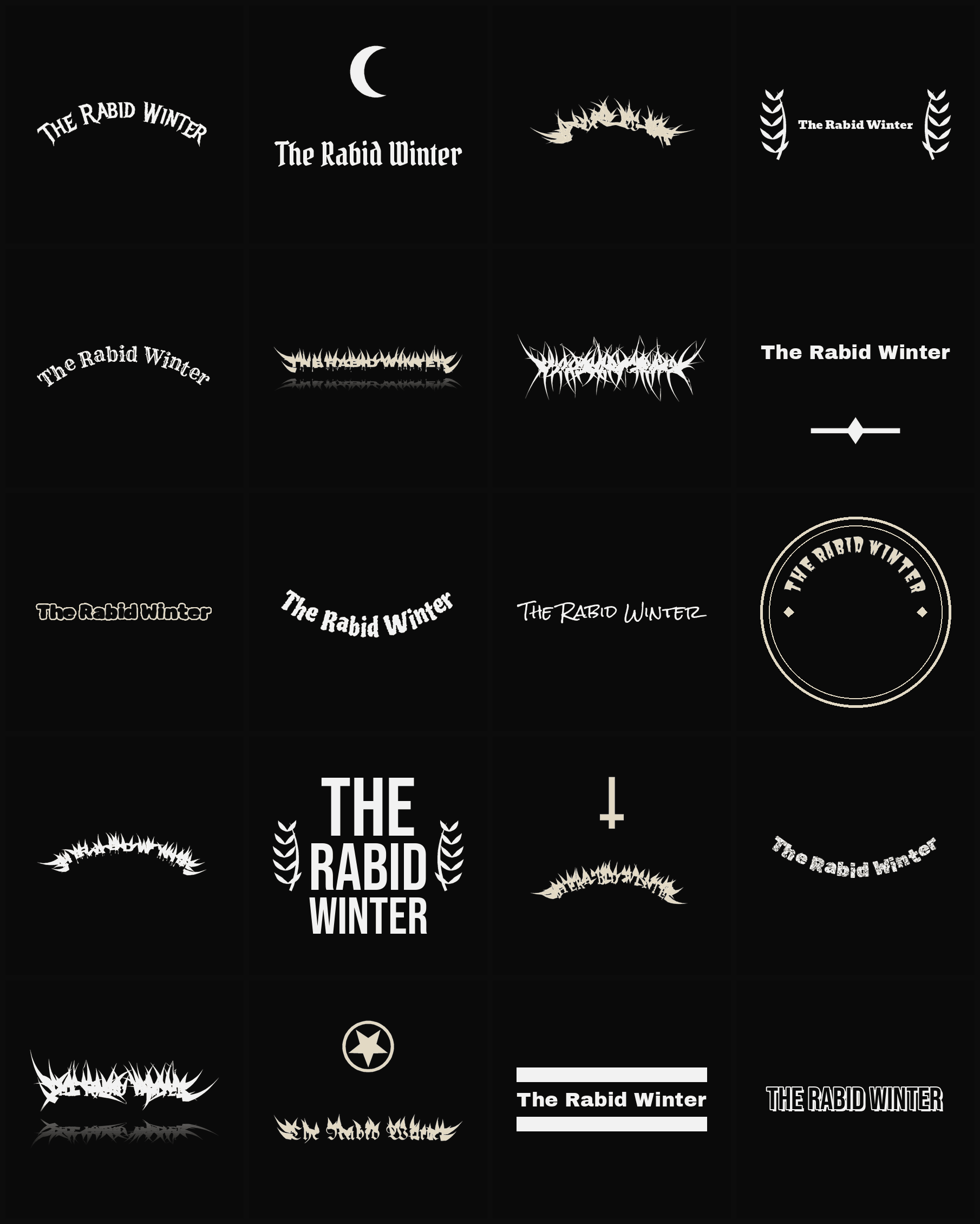 Twenty The Rabid Winter band logo ideas — different faces, treatments and spike settings