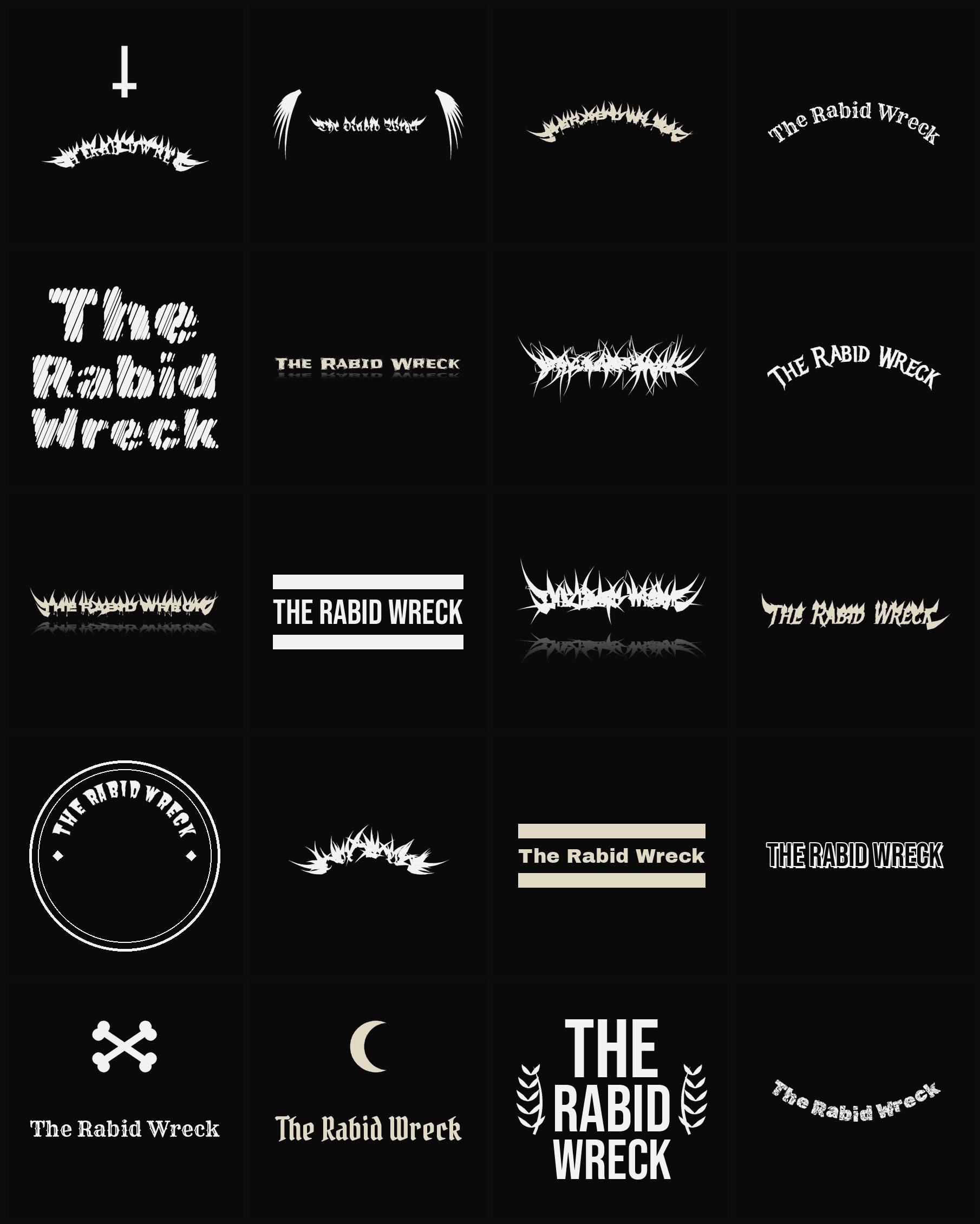 Twenty The Rabid Wreck band logo ideas — different faces, treatments and spike settings