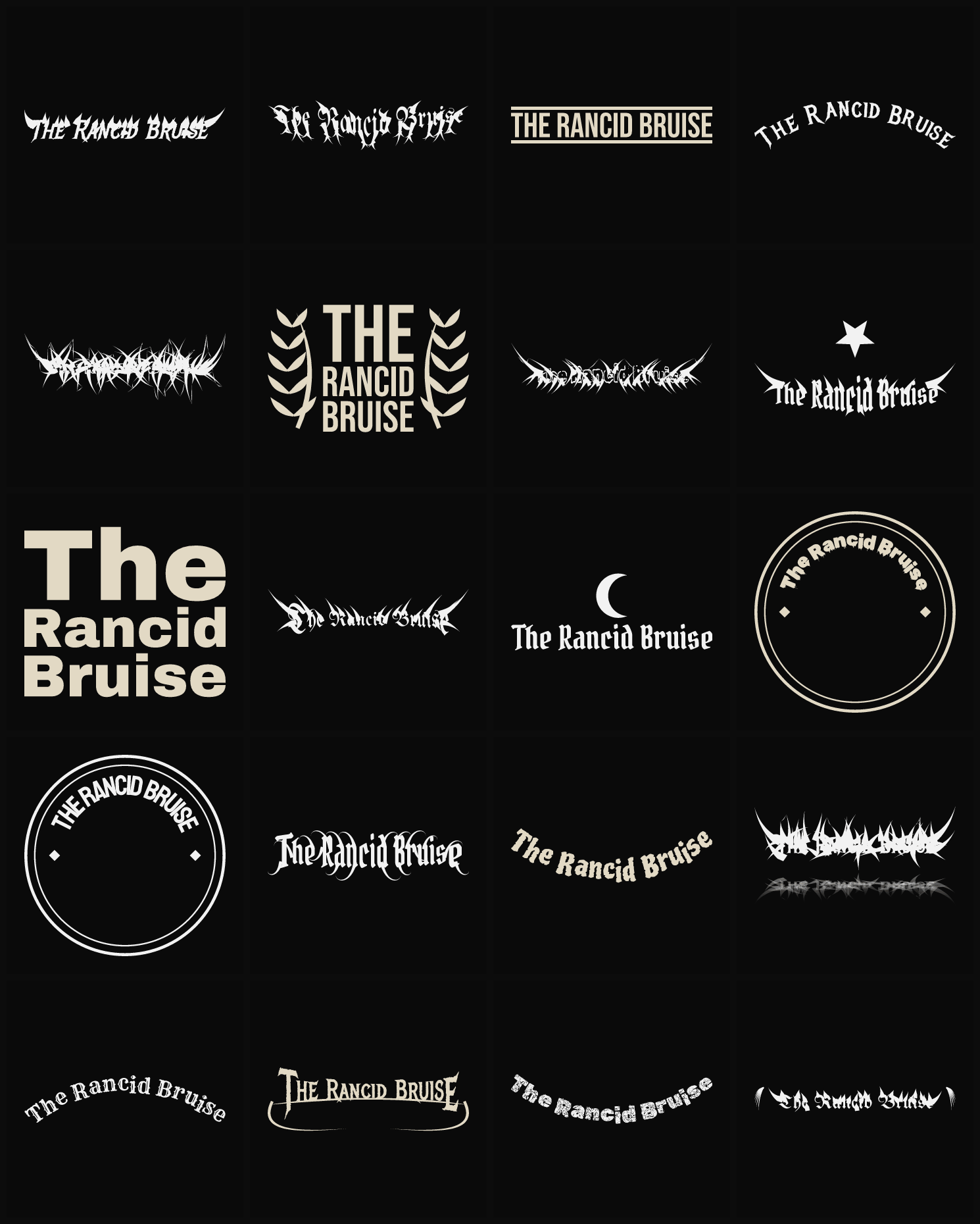 Twenty The Rancid Bruise band logo ideas — different faces, treatments and spike settings