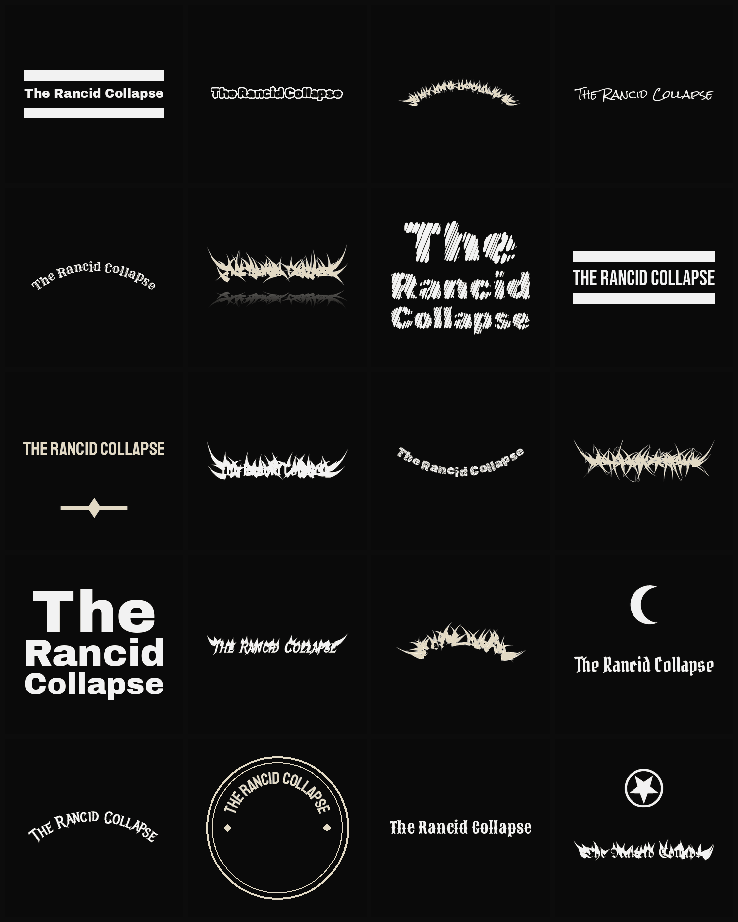 Twenty The Rancid Collapse band logo ideas — different faces, treatments and spike settings