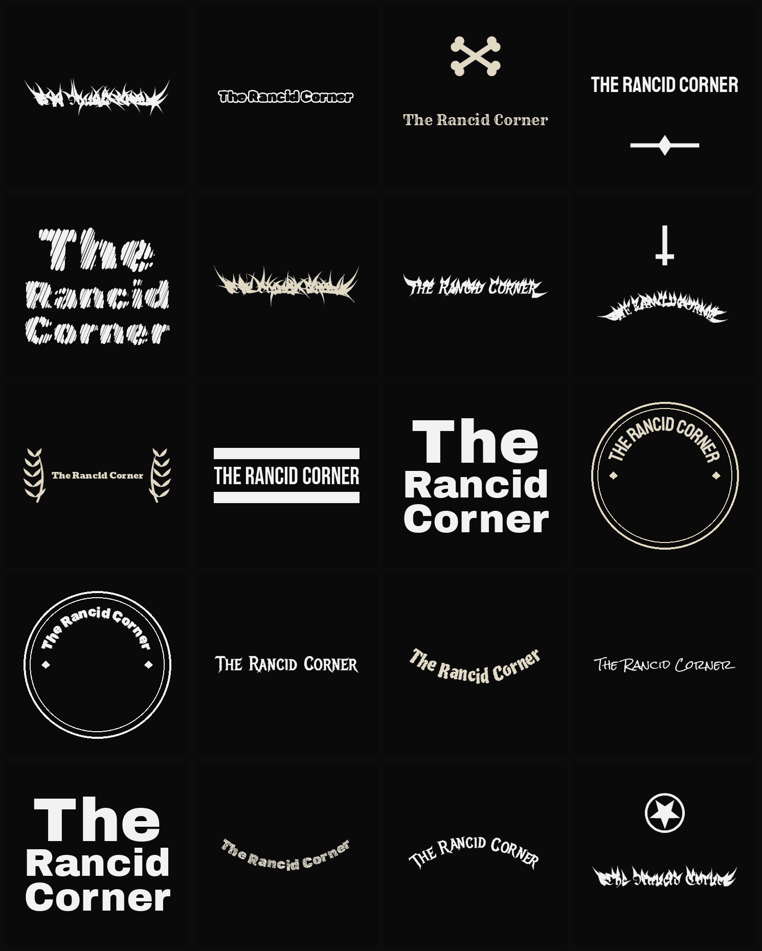 Twenty The Rancid Corner band logo ideas — different faces, treatments and spike settings