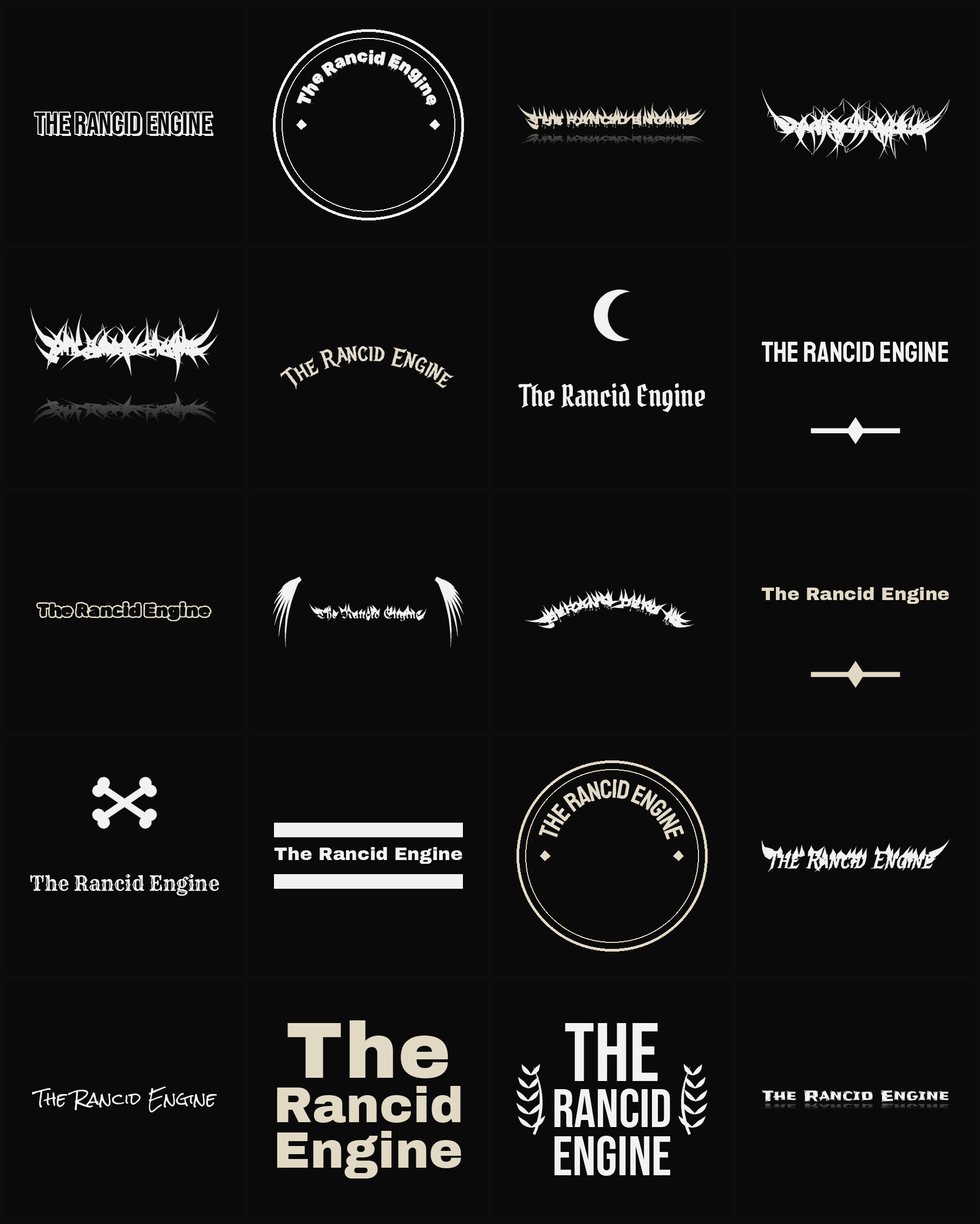 Twenty The Rancid Engine band logo ideas — different faces, treatments and spike settings