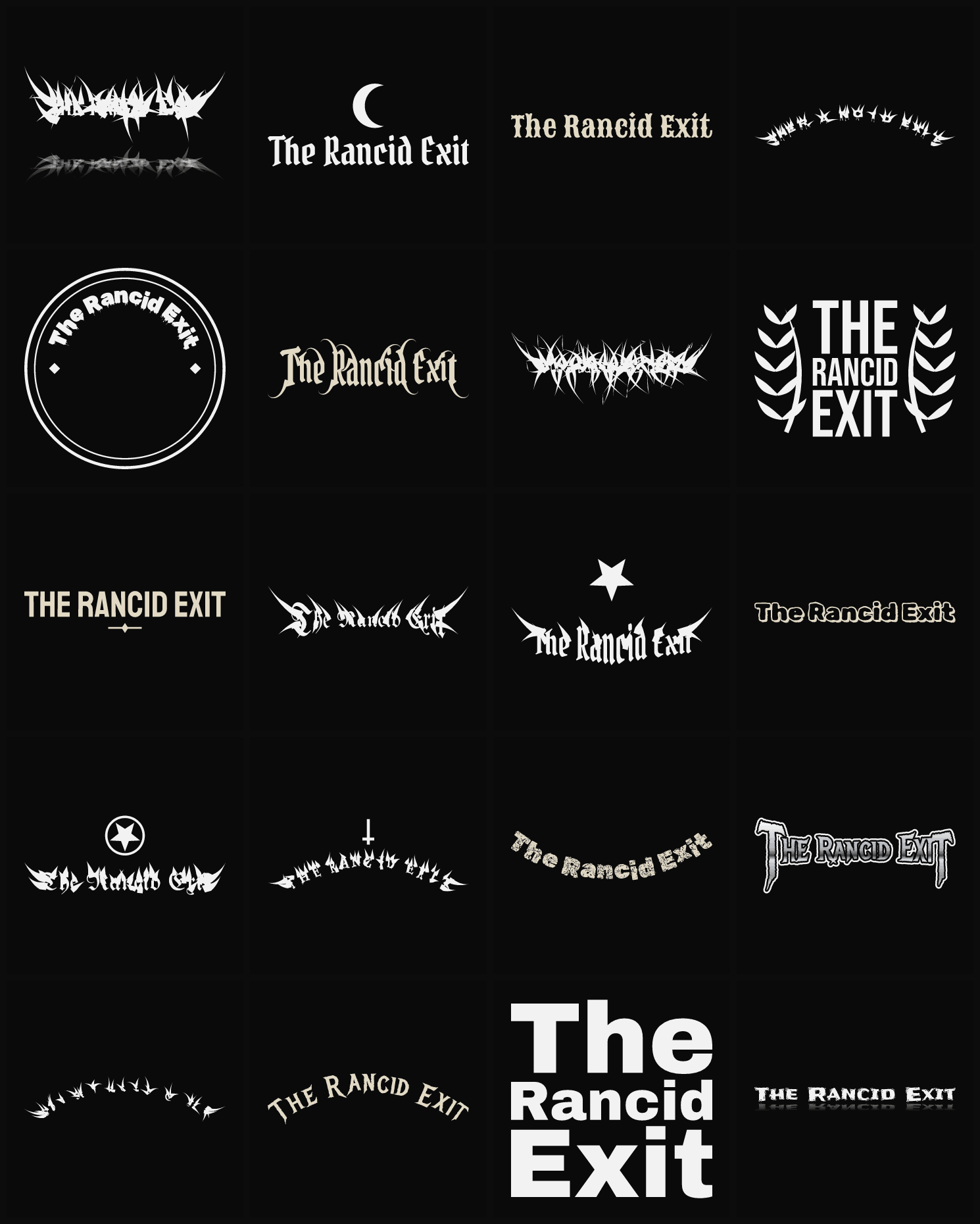 Twenty The Rancid Exit band logo ideas — different faces, treatments and spike settings