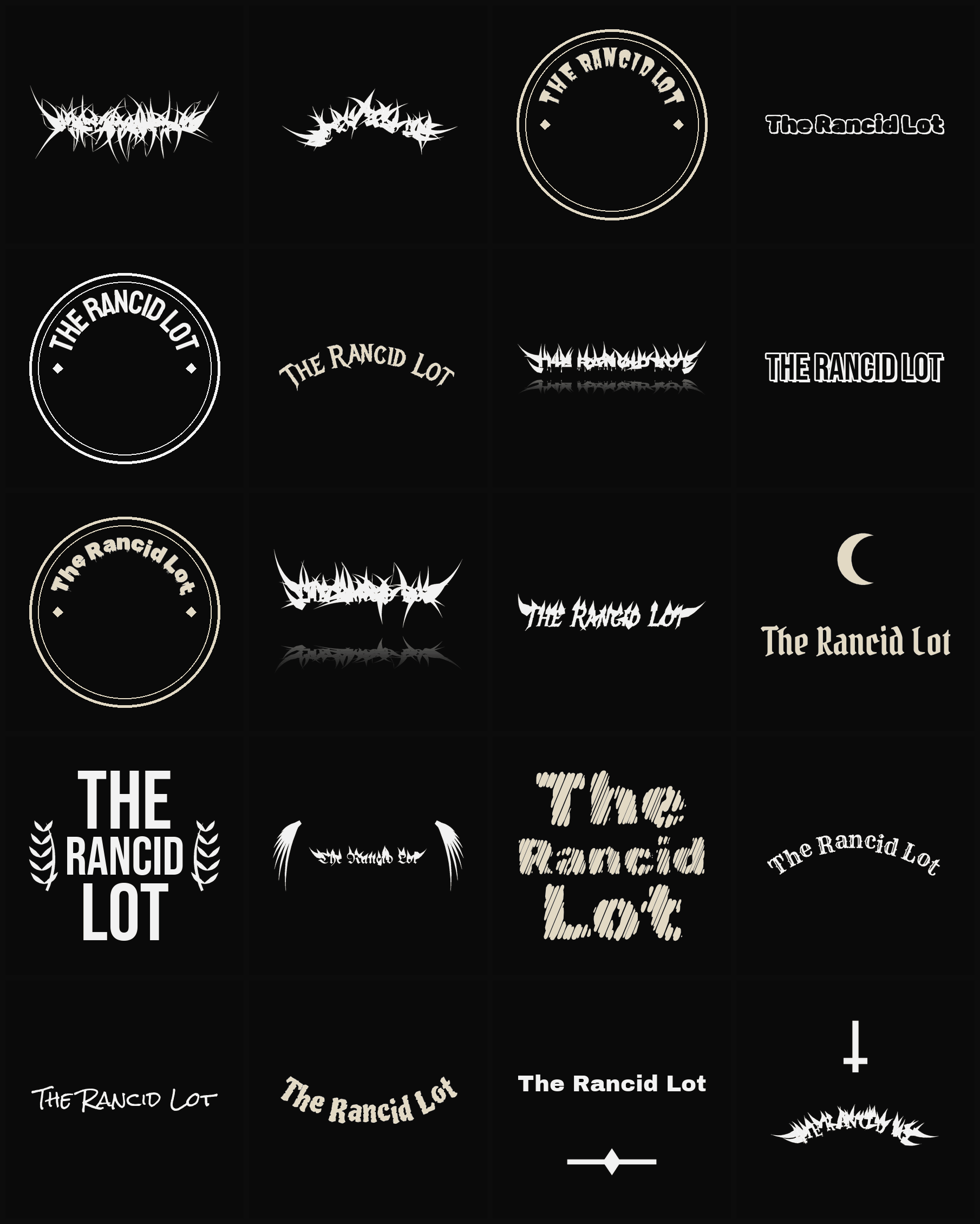 Twenty The Rancid Lot band logo ideas — different faces, treatments and spike settings