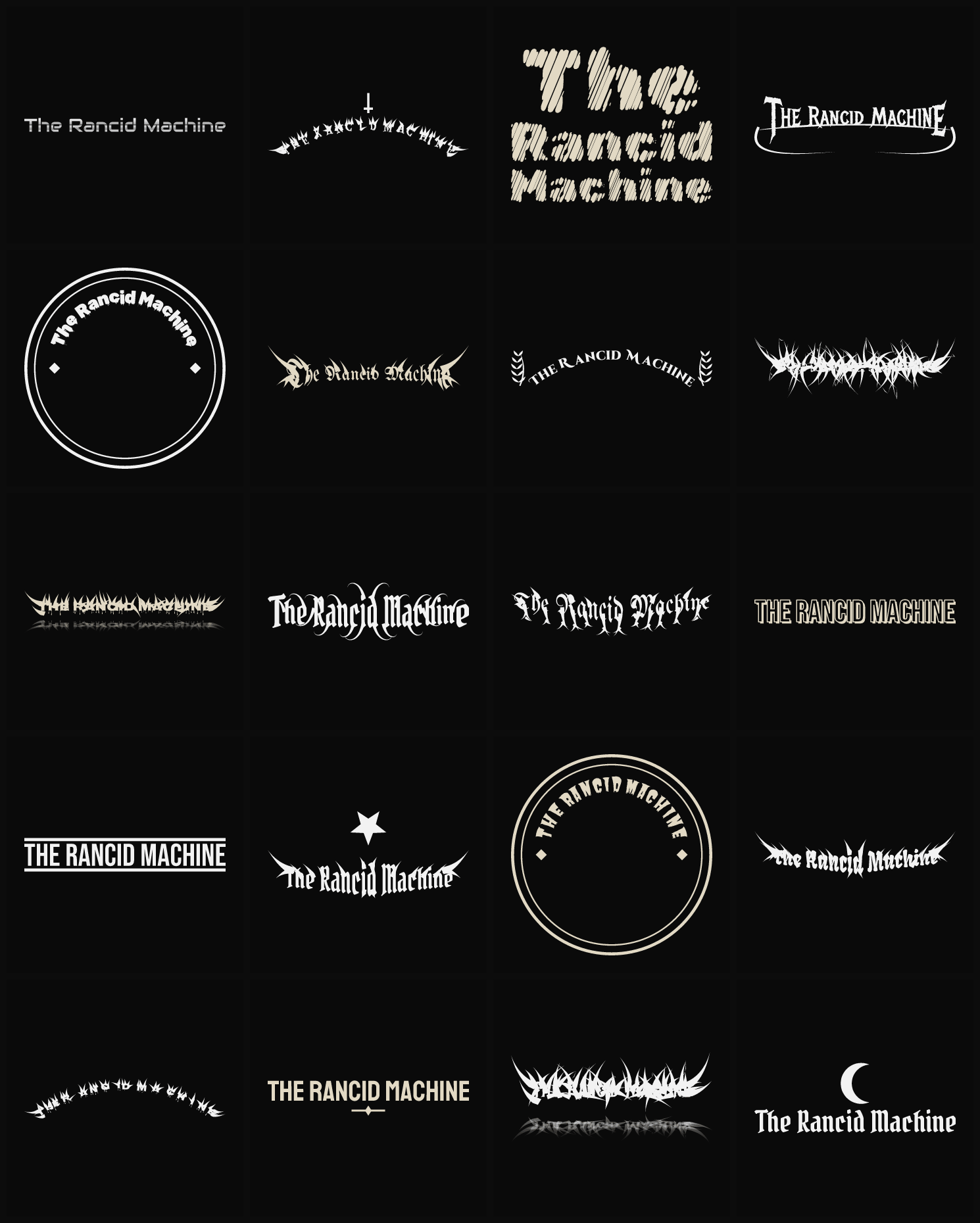 Twenty The Rancid Machine band logo ideas — different faces, treatments and spike settings