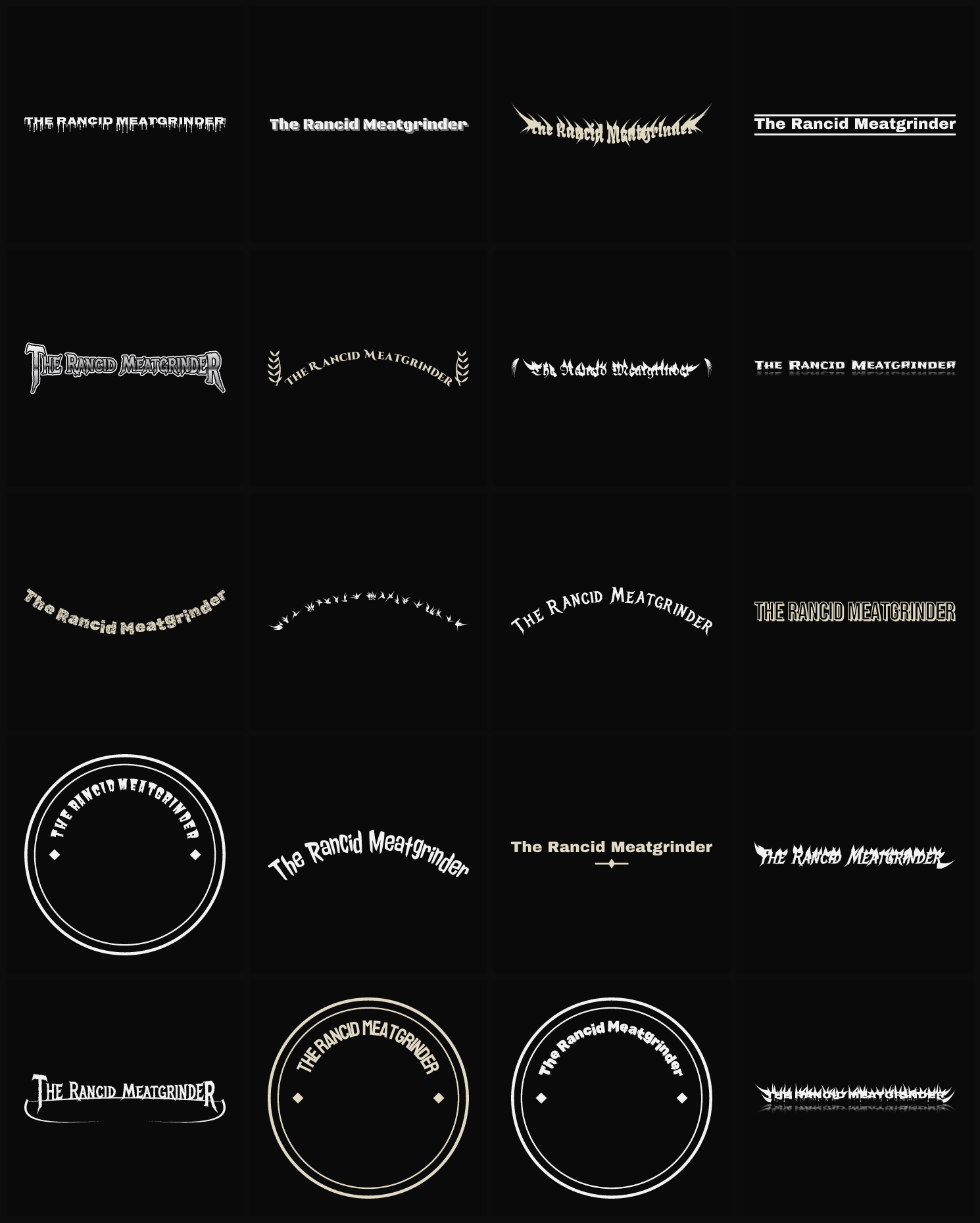 Twenty The Rancid Meatgrinder band logo ideas — different faces, treatments and spike settings