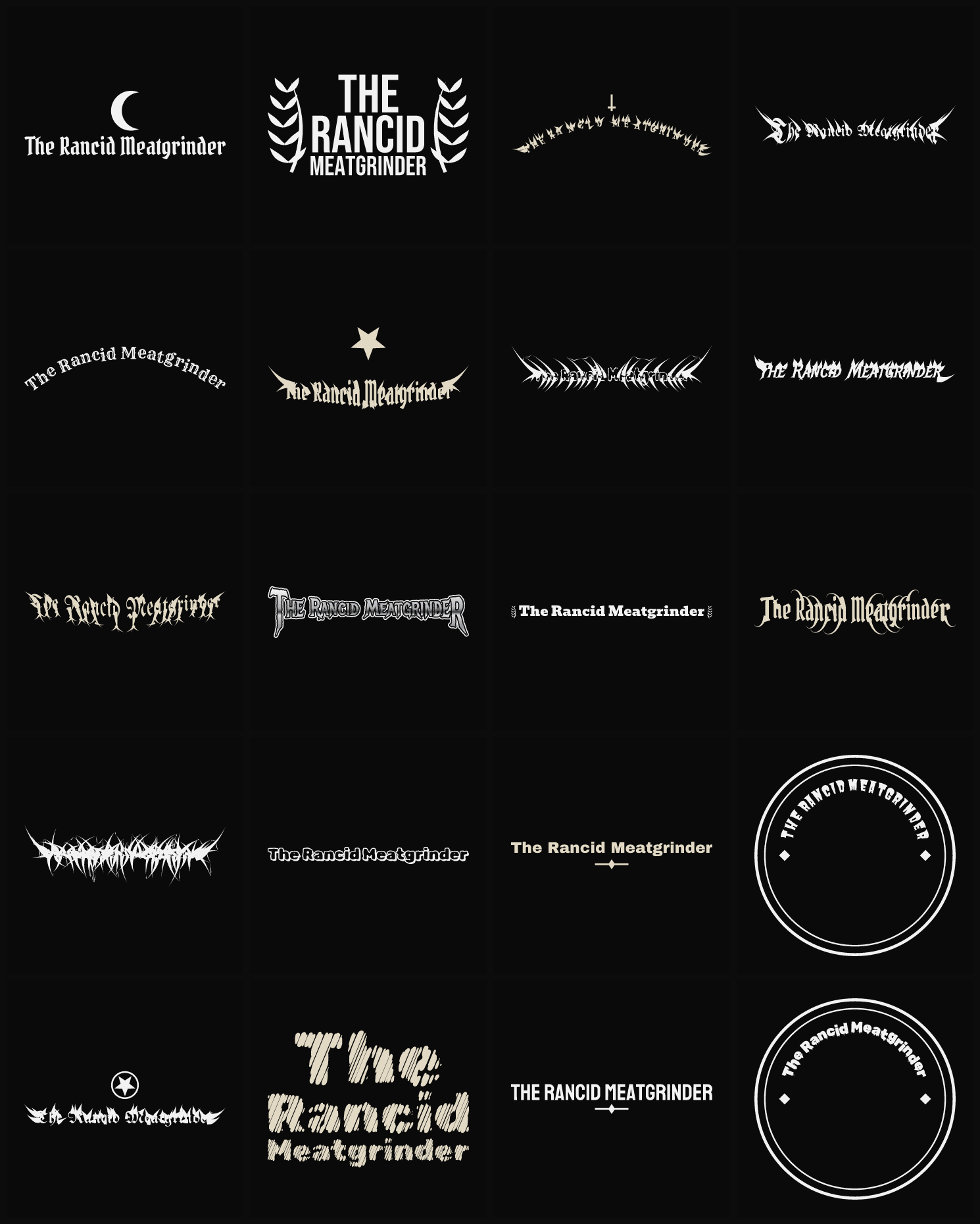 Twenty The Rancid Meatgrinder band logo ideas — different faces, treatments and spike settings