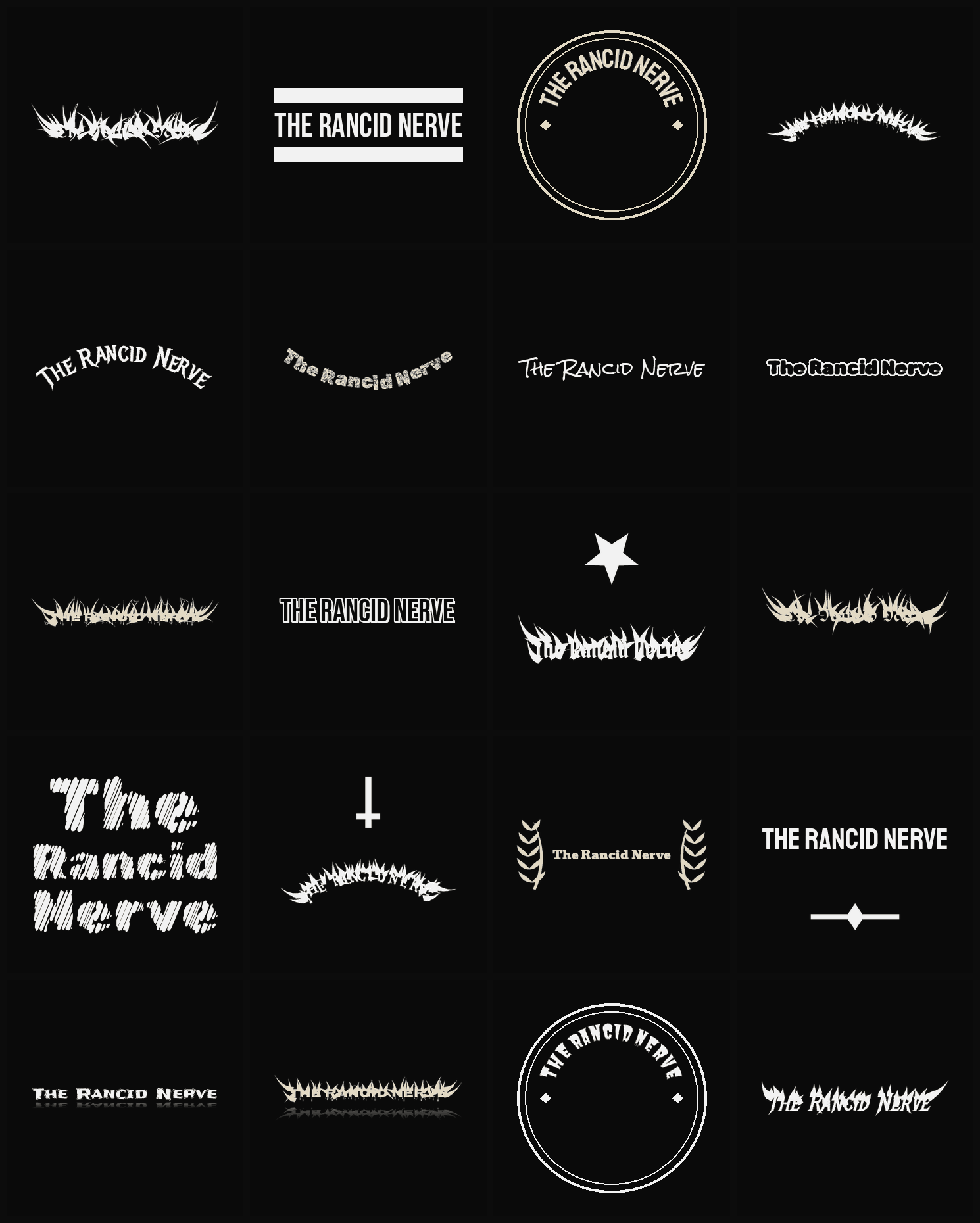 Twenty The Rancid Nerve band logo ideas — different faces, treatments and spike settings