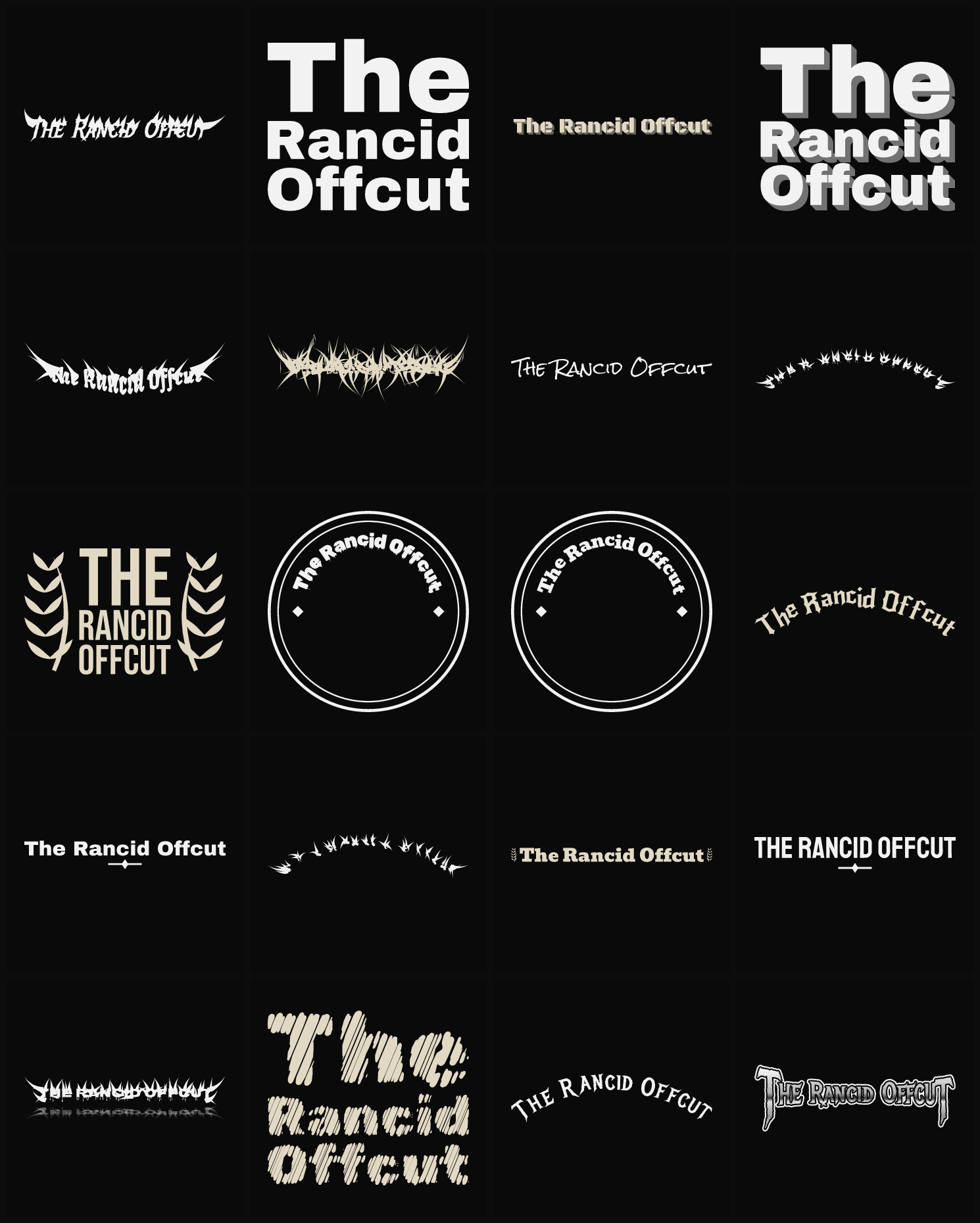 Twenty The Rancid Offcut band logo ideas — different faces, treatments and spike settings