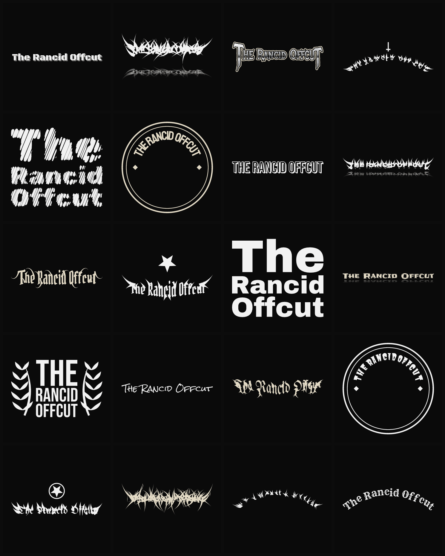 Twenty The Rancid Offcut band logo ideas — different faces, treatments and spike settings