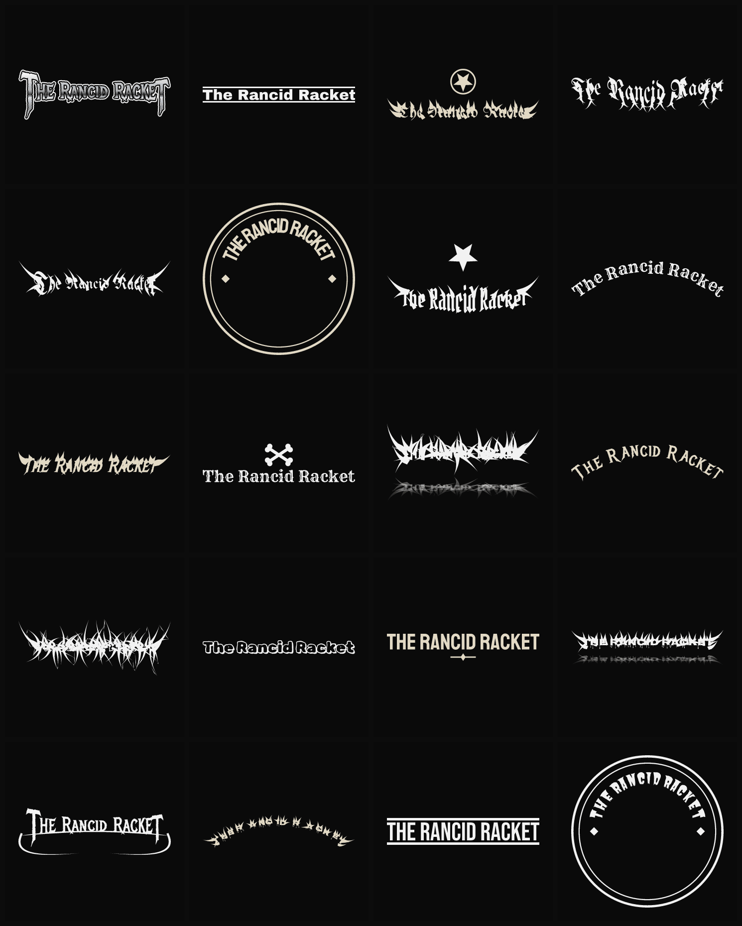 Twenty The Rancid Racket band logo ideas — different faces, treatments and spike settings