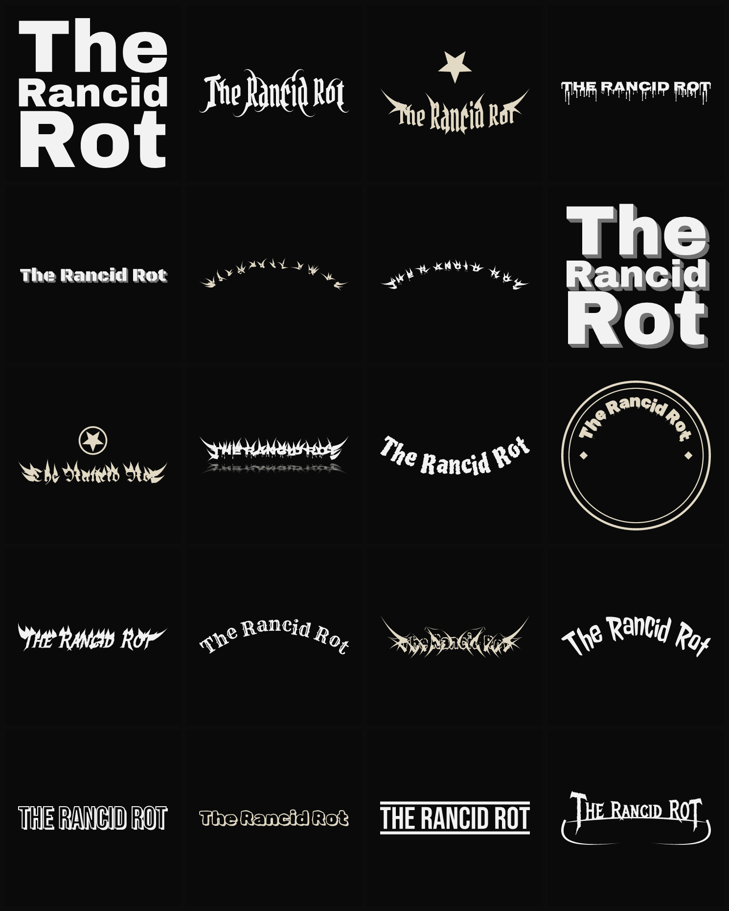 Twenty The Rancid Rot band logo ideas — different faces, treatments and spike settings
