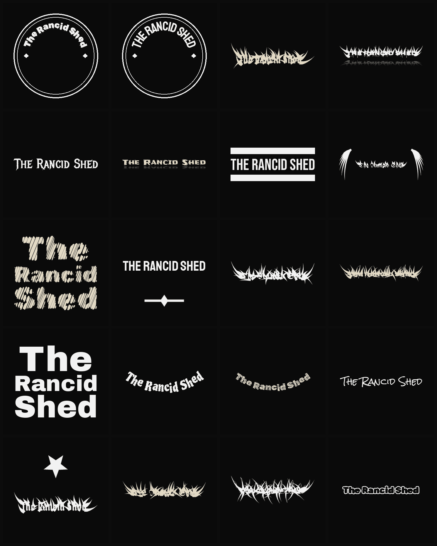 Twenty The Rancid Shed band logo ideas — different faces, treatments and spike settings