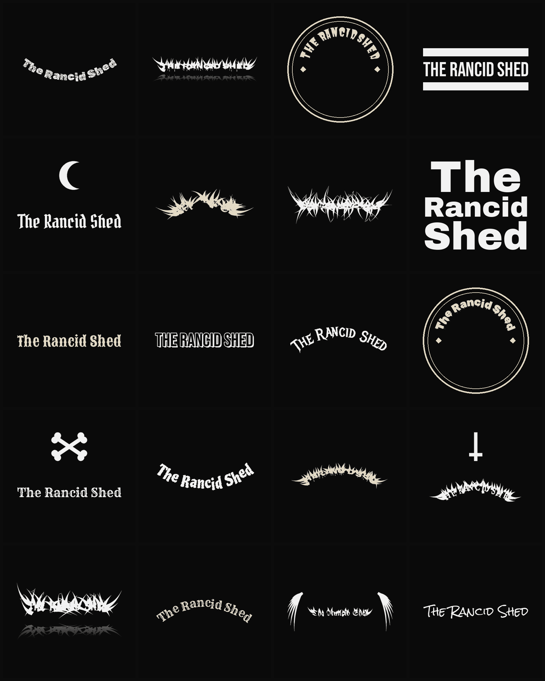Twenty The Rancid Shed band logo ideas — different faces, treatments and spike settings