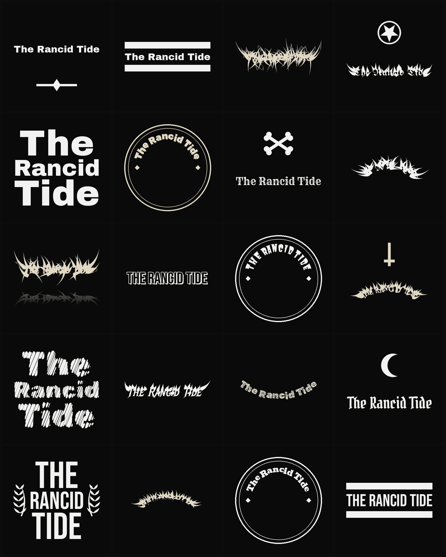 Twenty The Rancid Tide band logo ideas — different faces, treatments and spike settings