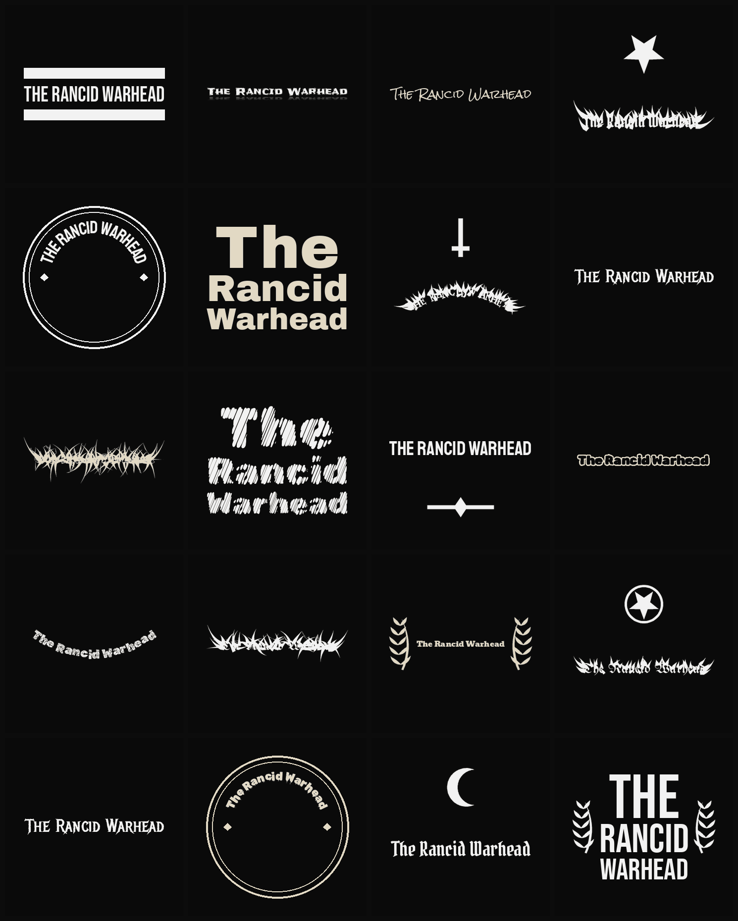 Twenty The Rancid Warhead band logo ideas — different faces, treatments and spike settings