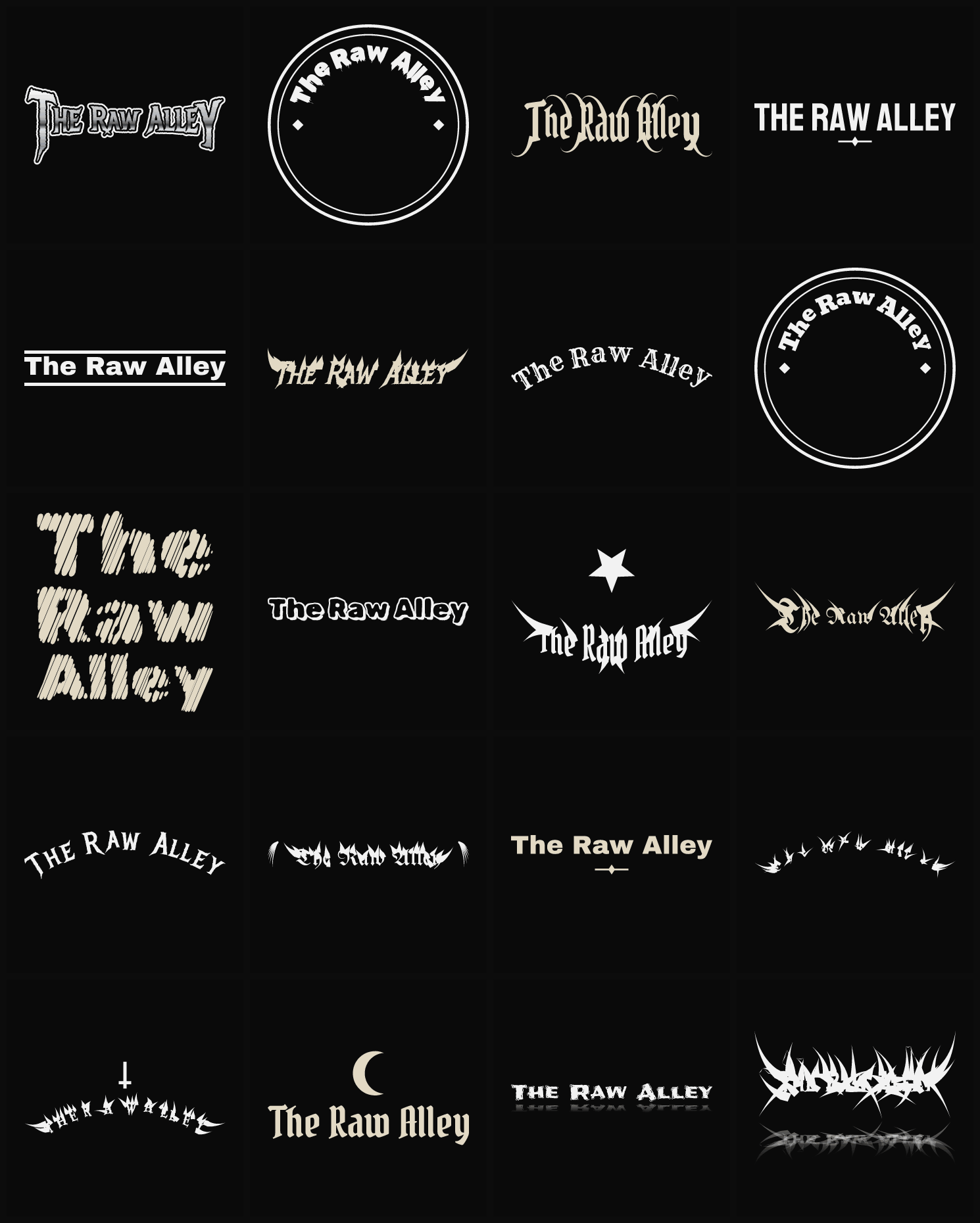 Twenty The Raw Alley band logo ideas — different faces, treatments and spike settings